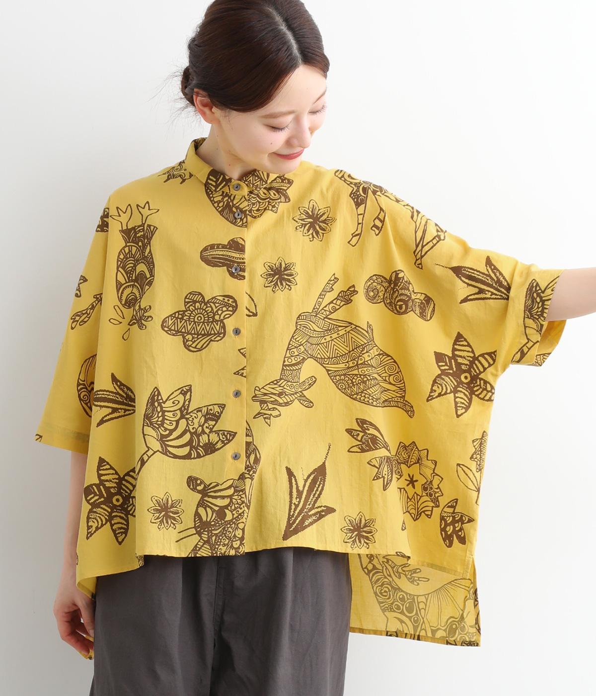 コットンボイルエスニックいきものワイドブラウス(マスタード-ONESIZE)