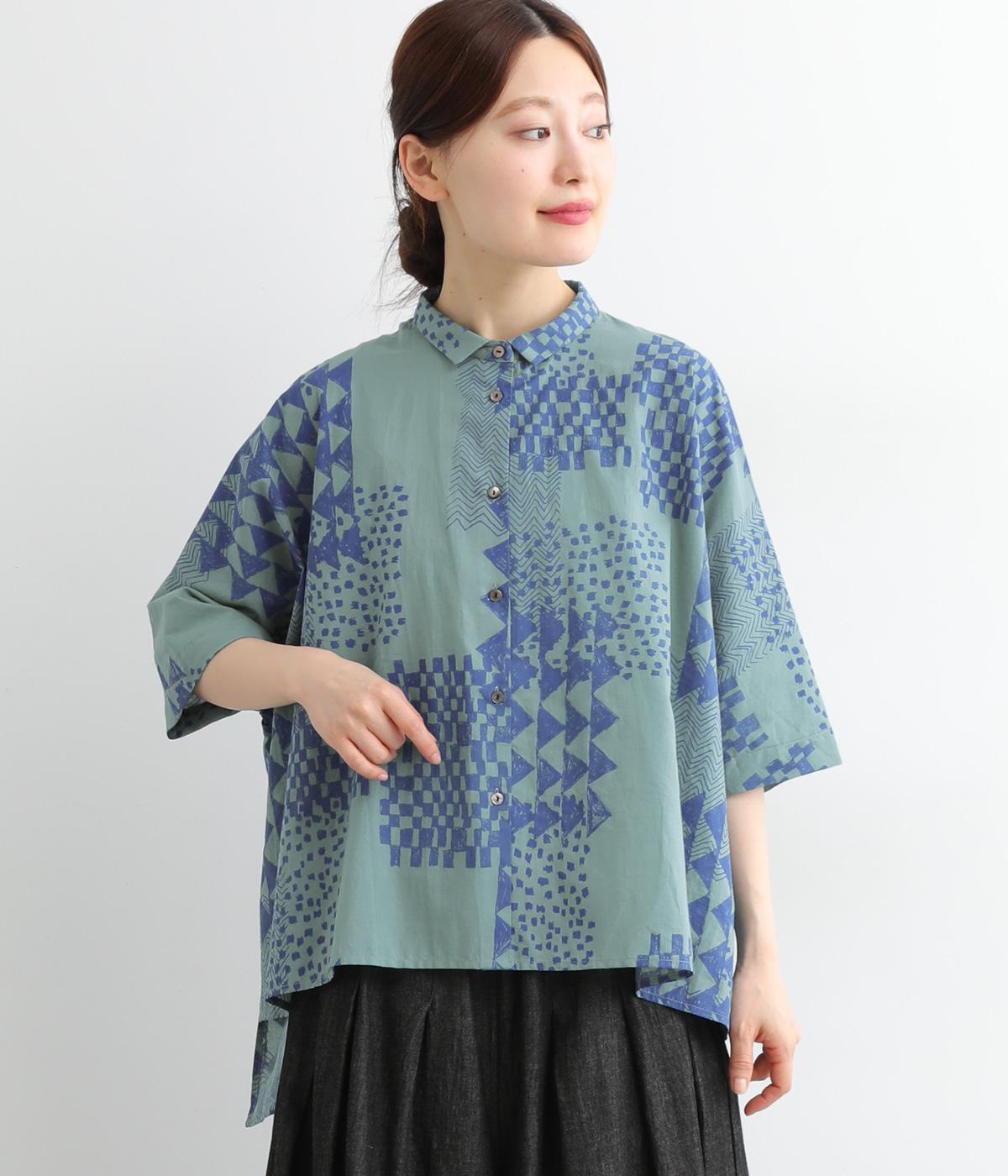コットンボイルはんこ幾何ワイドブラウス(グリーン-ONESIZE)