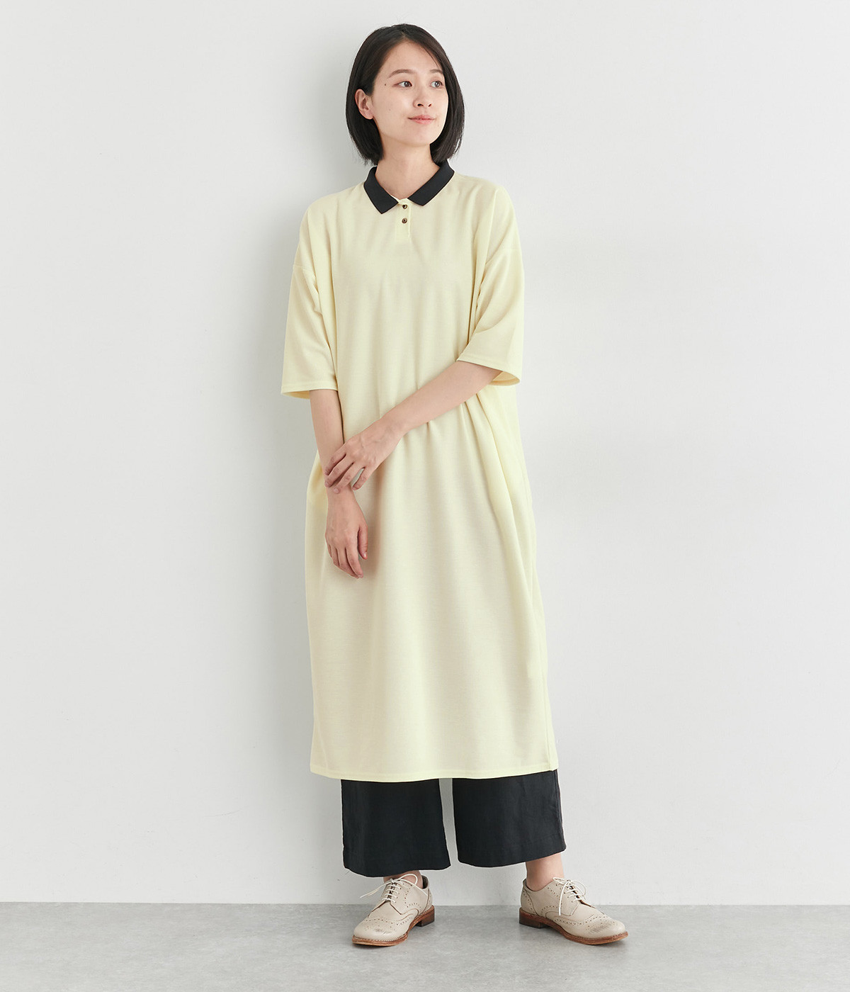 ハニカムコットンチビ襟ポロワンピース(オフホワイト-ONESIZE)