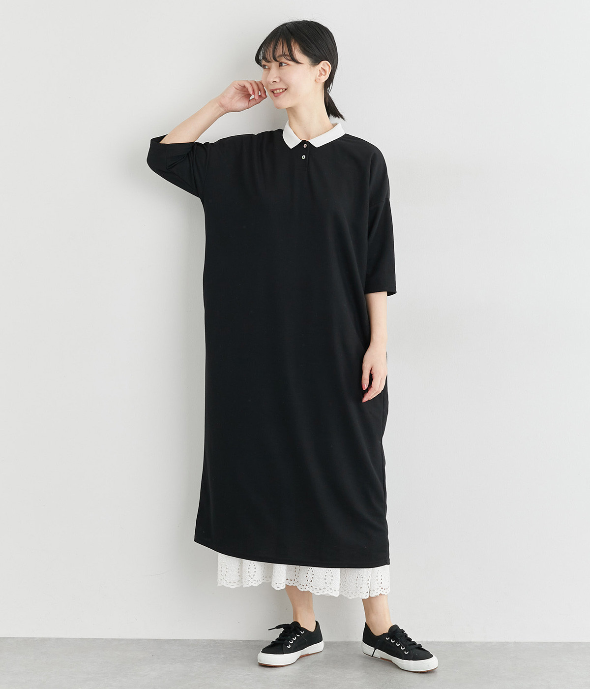 ハニカムコットンチビ襟ポロワンピース(ブラック-ONESIZE)