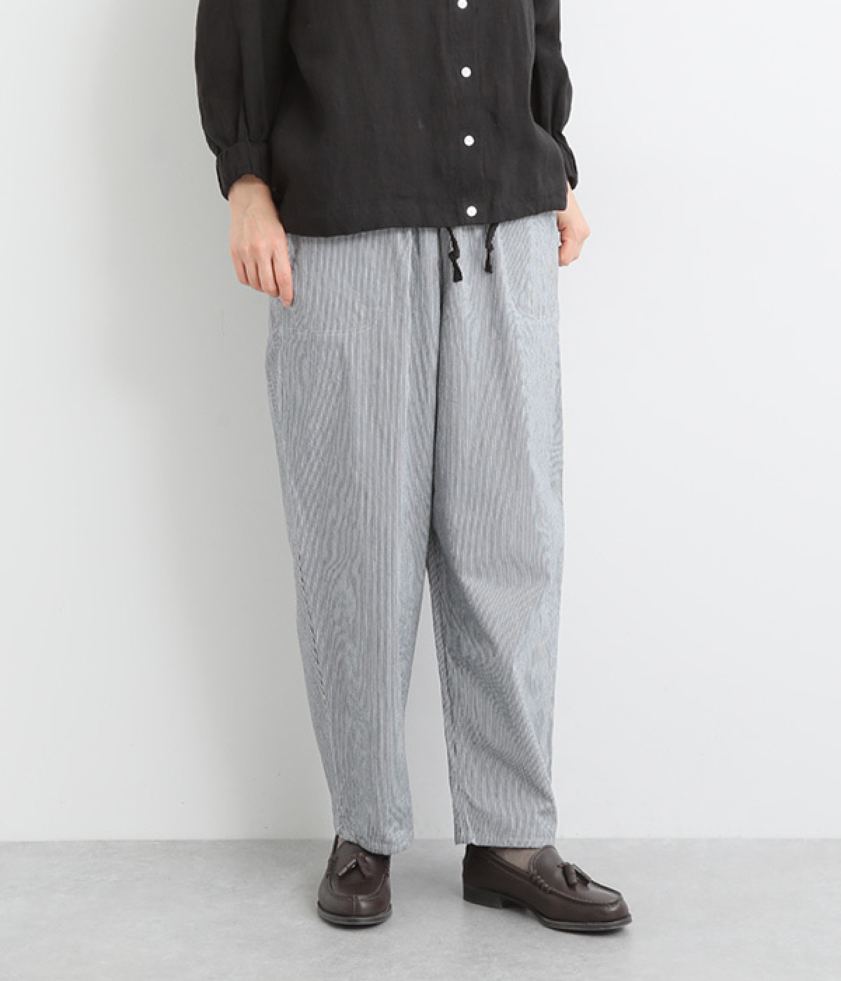 ヒッコリーストライプウエストゴムポケットステッチパンツ(ネイビー-ONESIZE)