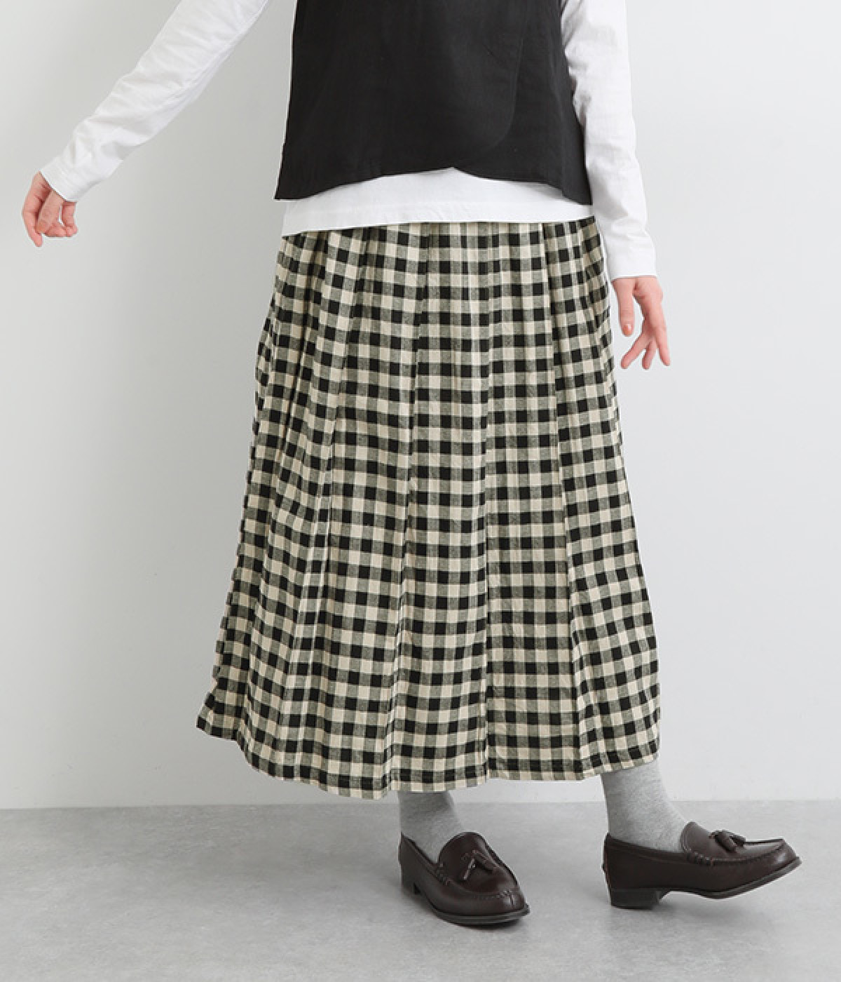 コットンリネンムラ糸ヘリンボーンワッシャープリーツスカート(ギンガム-ONESIZE)