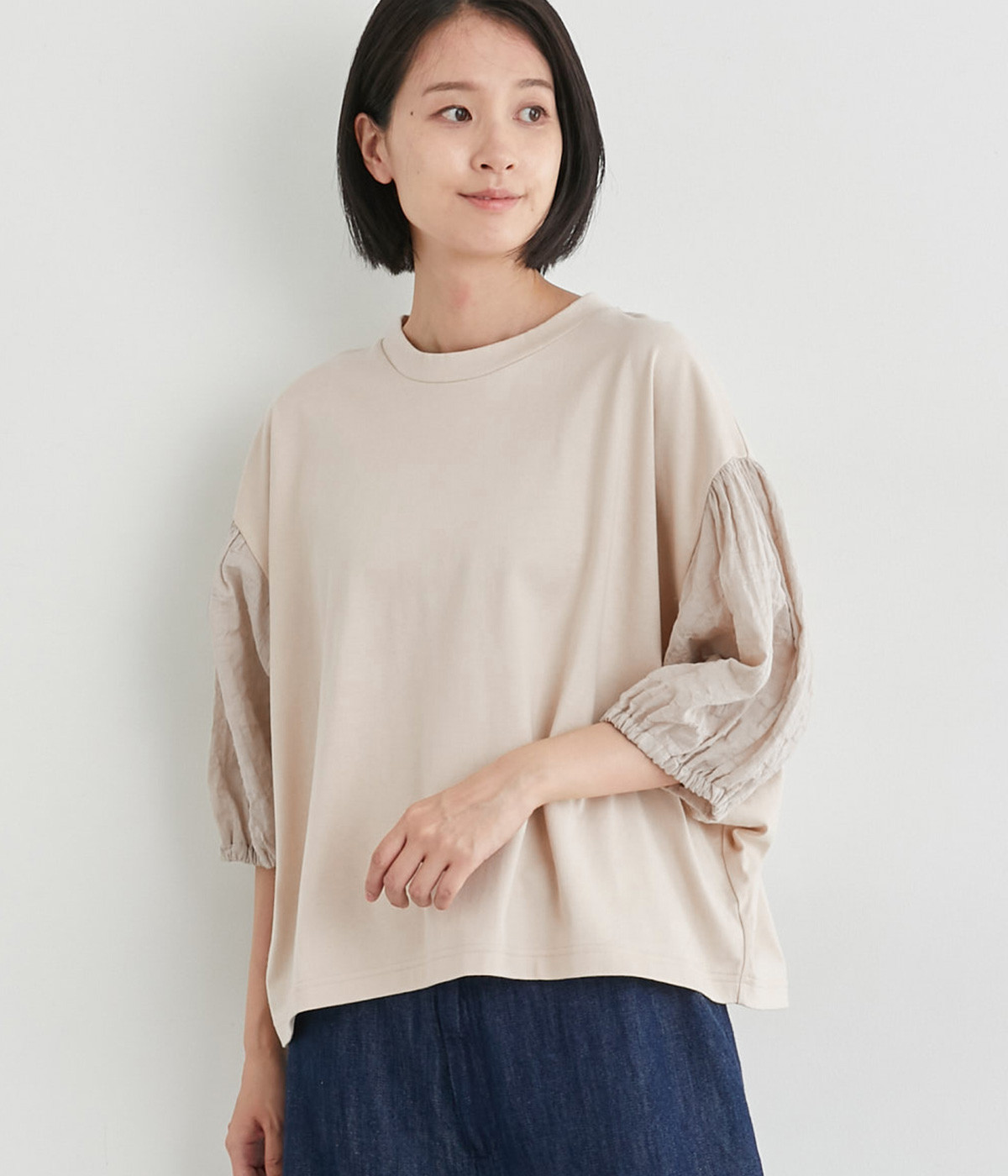 スーパー度詰天竺×コットンシャーリングパナマドビーパフスリーブプルオーバー(ベージュ×ベージュ-ONESIZE)