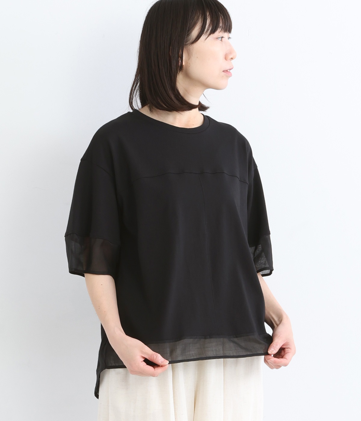 コットンリネンスラブローン×スーパー度詰天竺袖裾異素材プルオーバー(ブラック-ONESIZE)