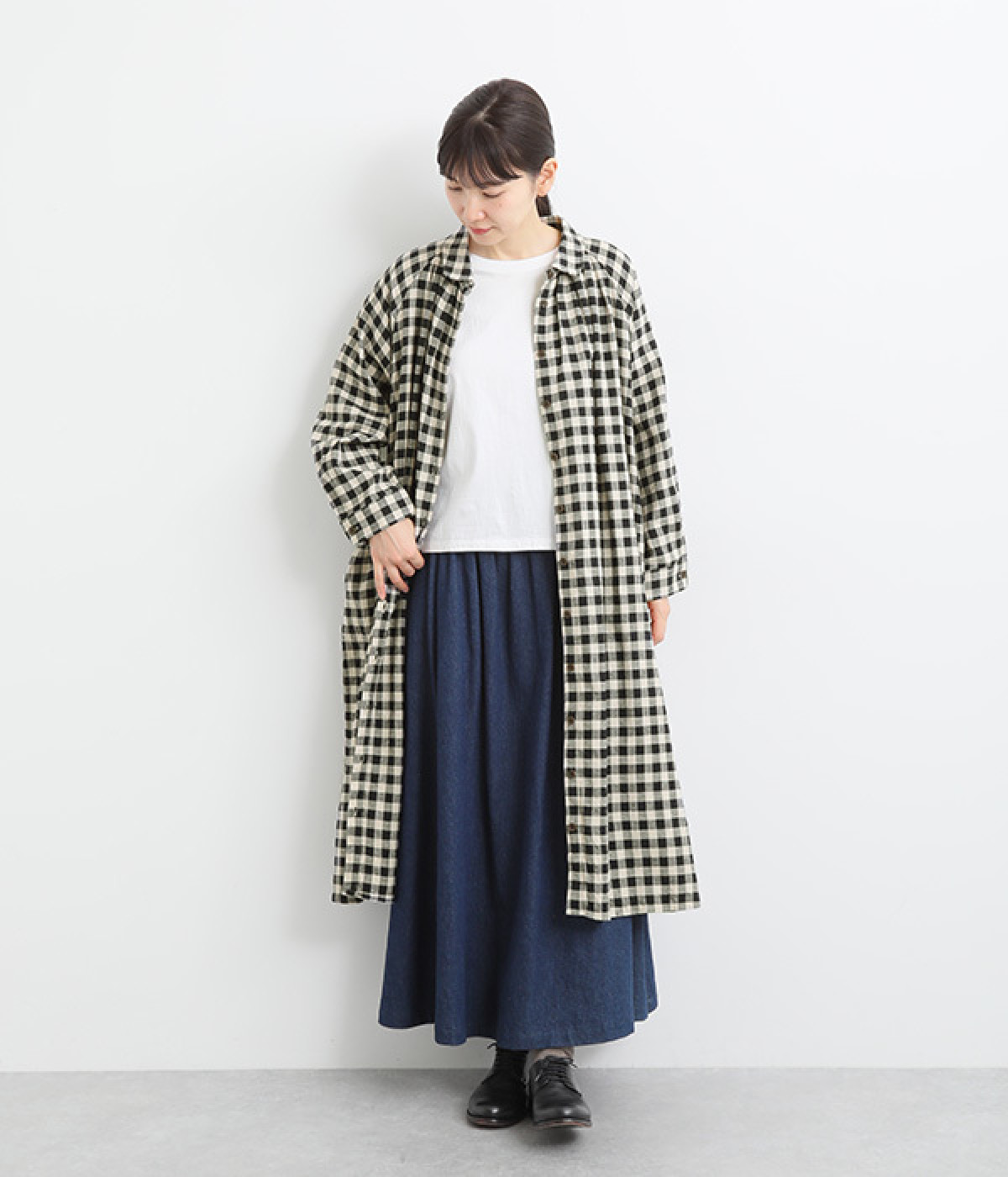 コットンリネンムラ糸ヘリンボーンワッシャータックワンピース(ギンガム-ONESIZE)
