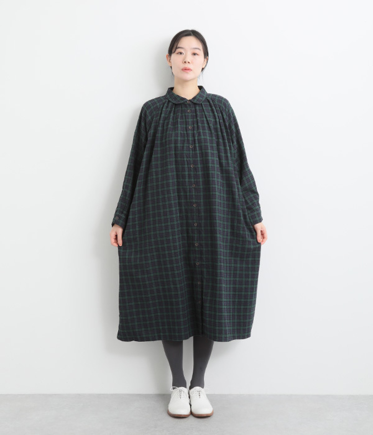 コットンリネンムラ糸ヘリンボーンワッシャータックワンピース(ブラックウォッチ-ONESIZE)