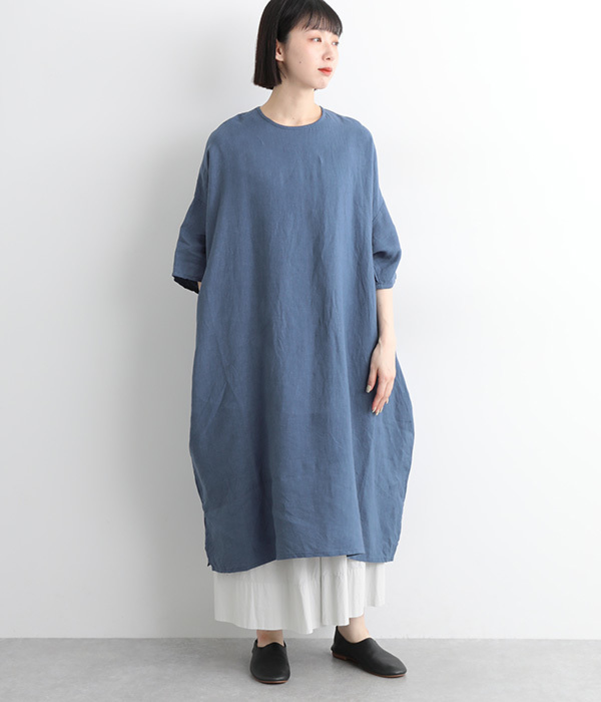 フレンチリネンメロウキャンバスリラクシングワッシャーBigワンピース(ブルー-ONESIZE)