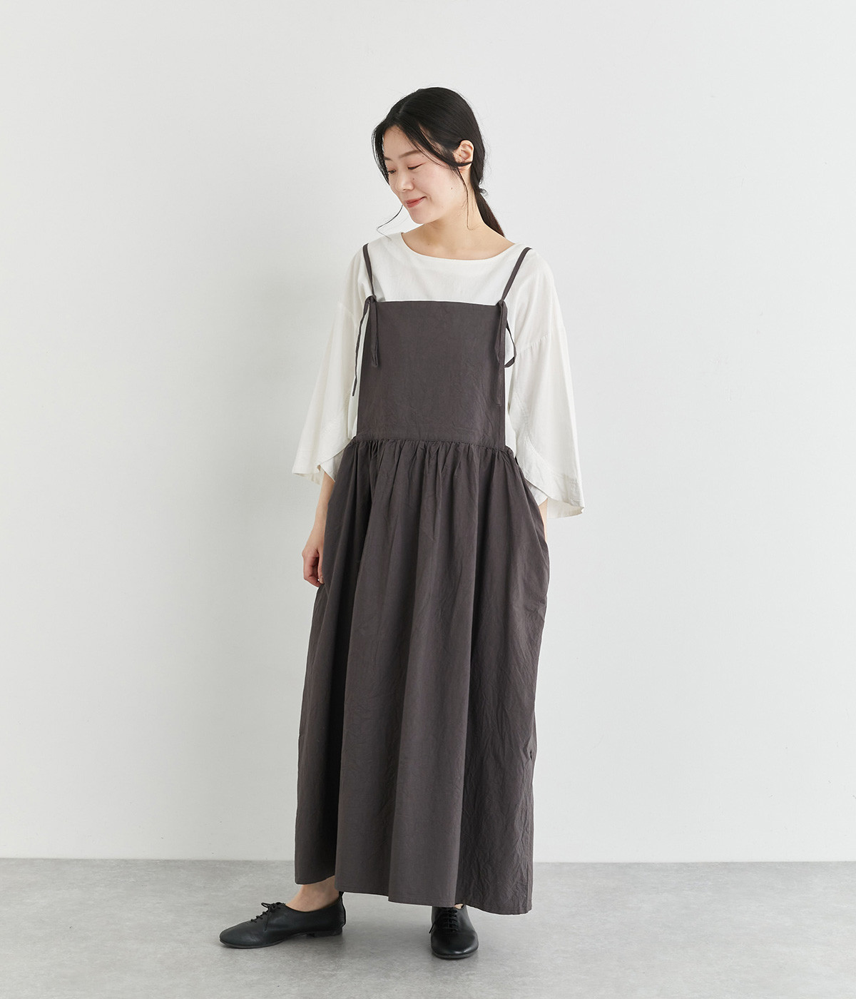 コットンハンドレットクロスタイプライターウエスト切替キャミワンピース(チャコール-ONESIZE)