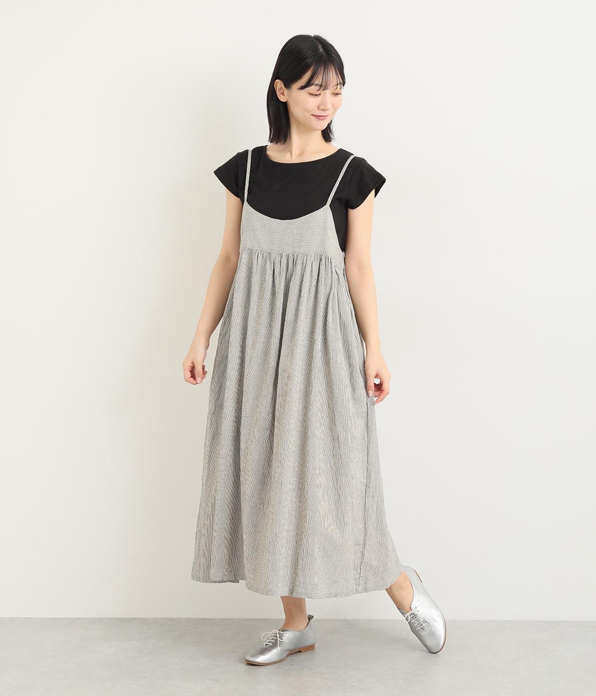 コットンリネンワッシャーポプリン後ろリボンキャミワンピース(ストライプ-ONESIZE)