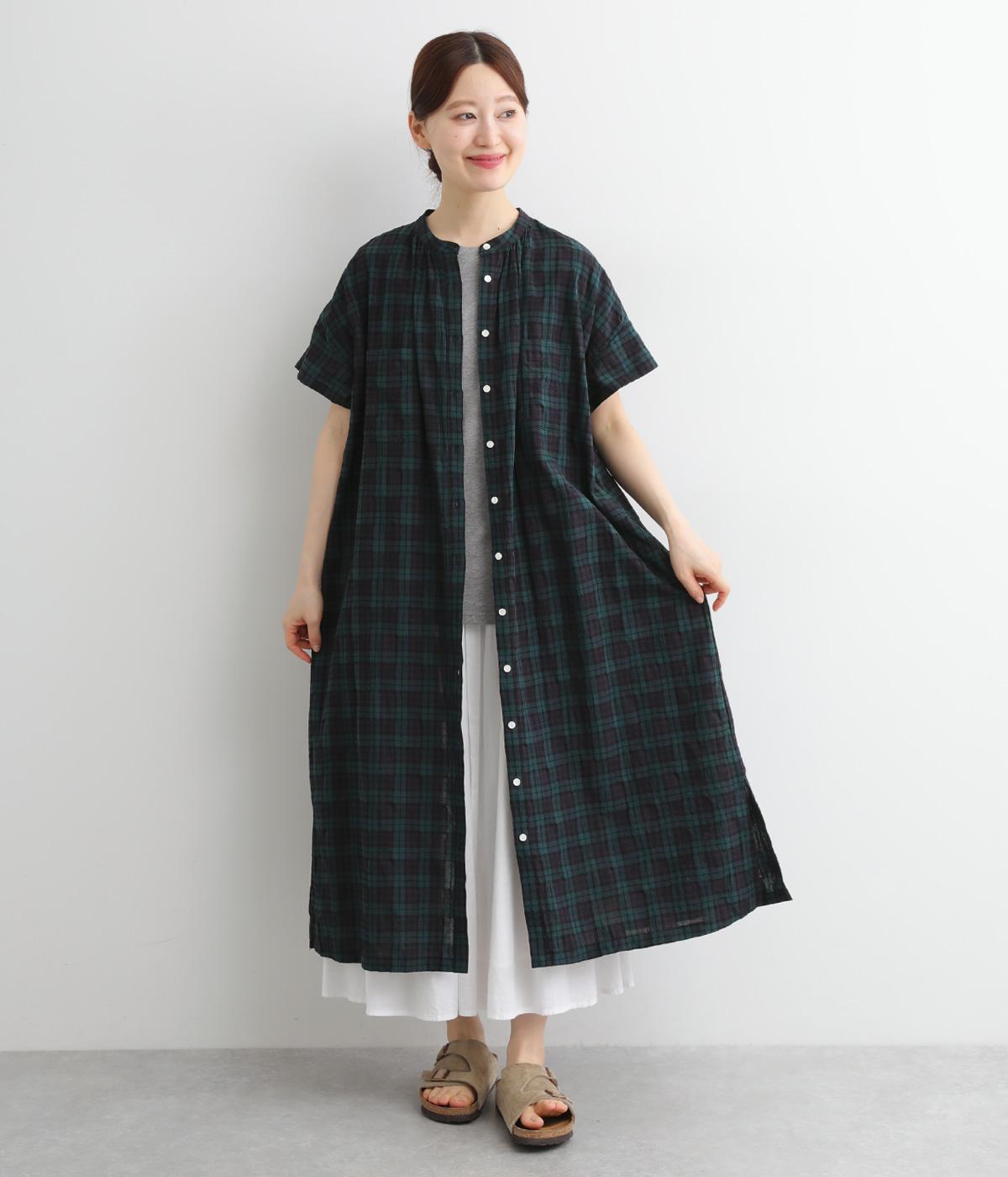 コットンリネンパナマブロックチェック後ろヨーク切替シャツワンピース(ブラックウォッチ-ONESIZE)