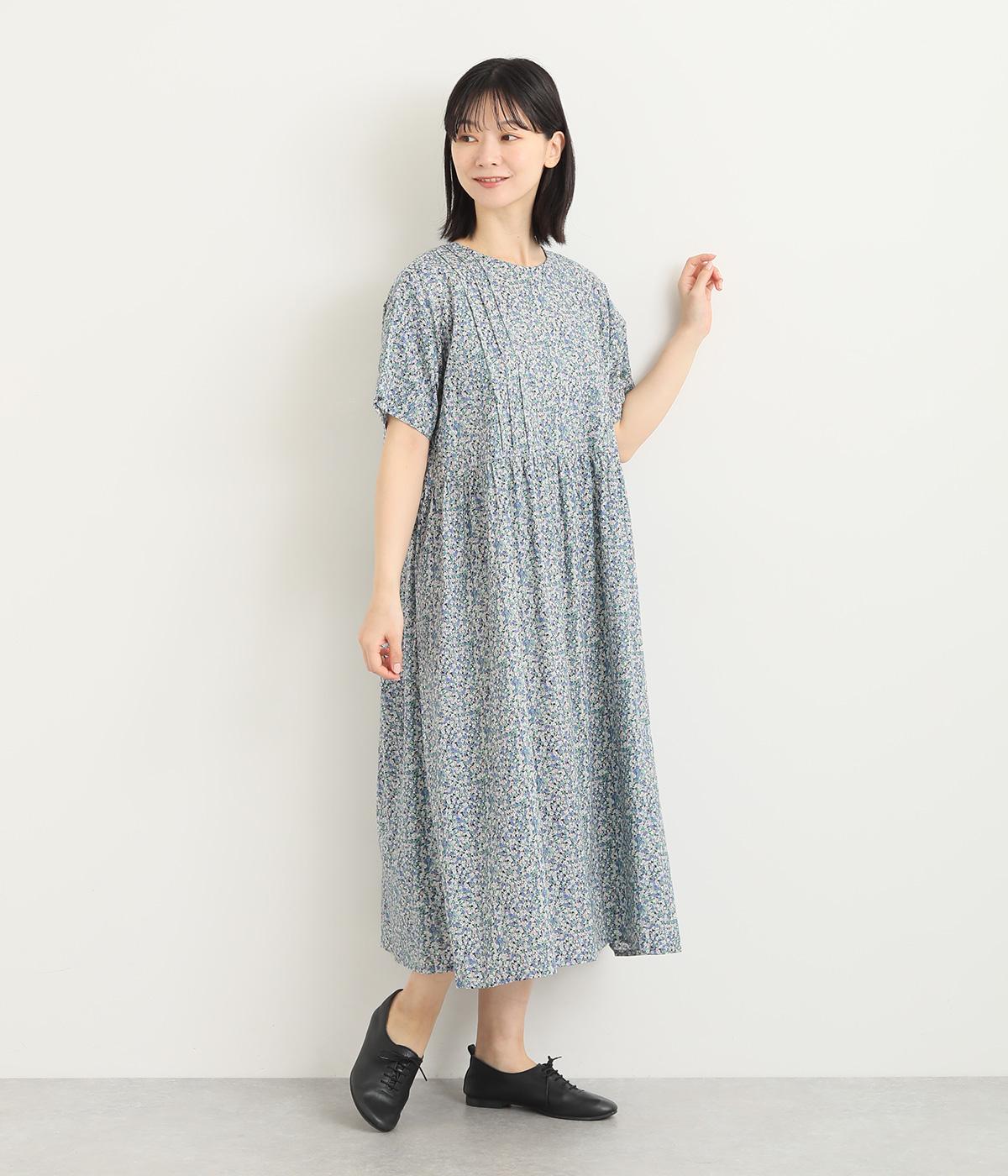 オーガニックコットンローン胸タック切替ワンピース(ブルー-ONESIZE)