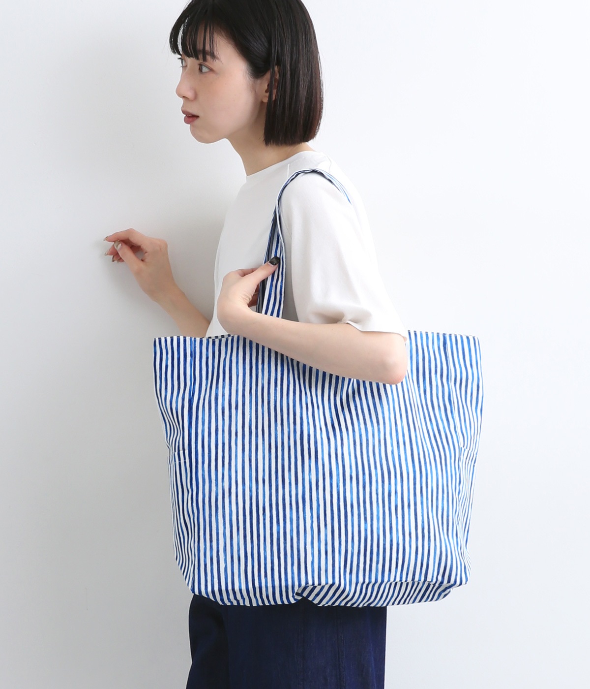 コットンリネンストライプ トートバッグ(ブルー-ONESIZE)