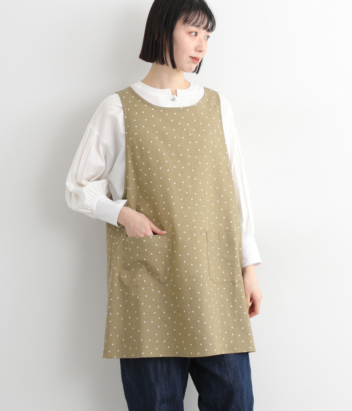 コットンリネンドット　ミドルクロスエプロン(モカ-ONESIZE)