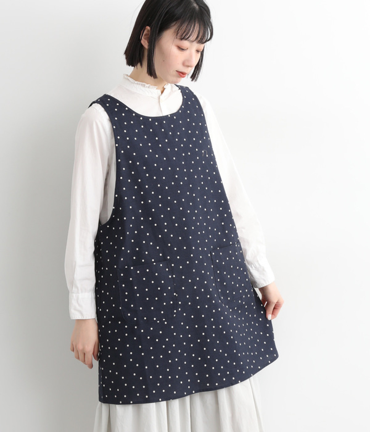 コットンリネンドット　ミドルクロスエプロン(ネイビー-ONESIZE)