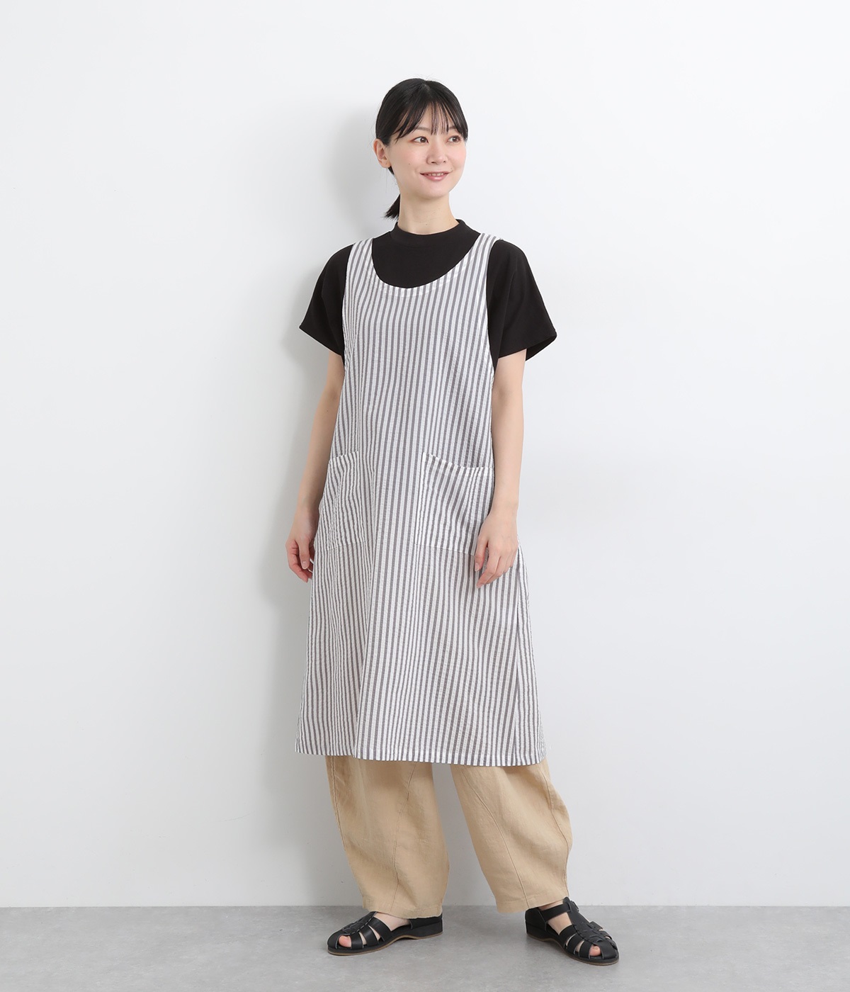 塩縮ストライプ ジャンパースカートエプロン(グレー-ONESIZE)