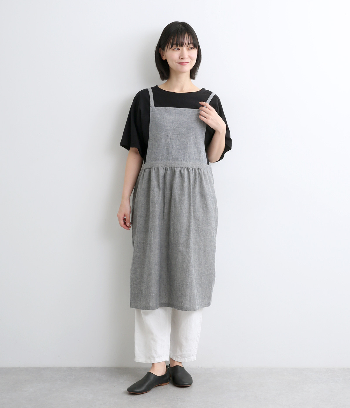 コットンリネンダンガリー　ギャザークロスエプロン(ネイビー-ONESIZE)