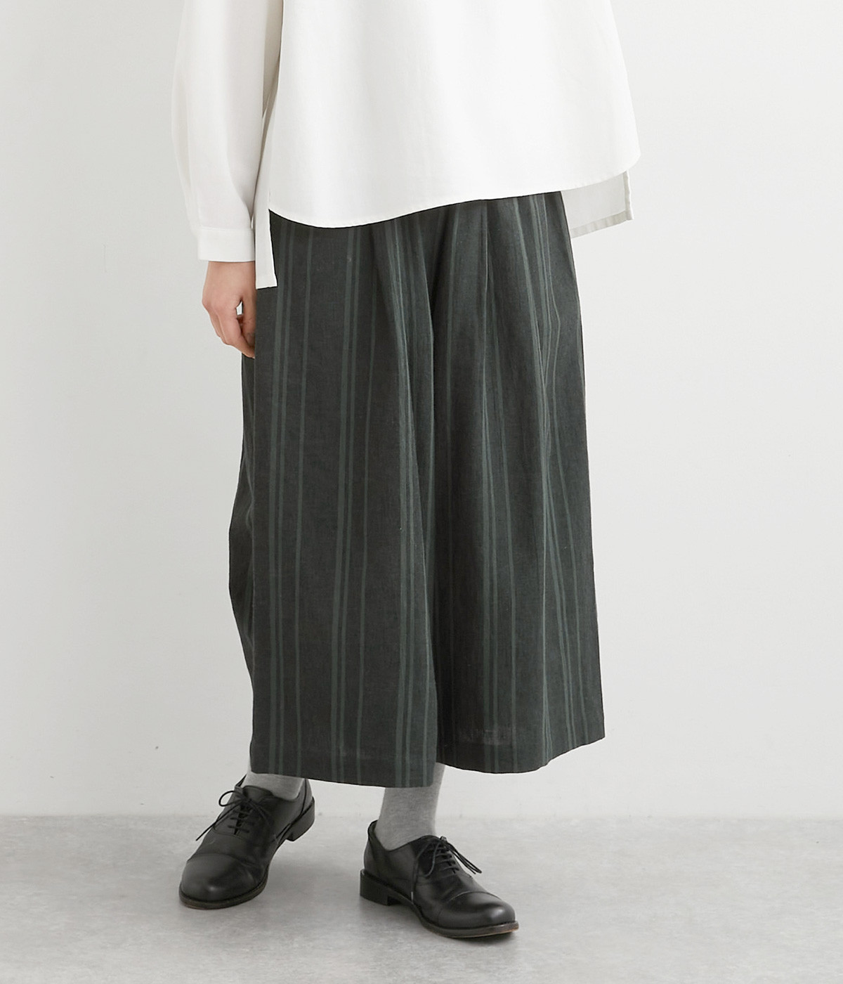 コットンリネンランダムストライプ　タックキュロット(グリーン-ONESIZE)