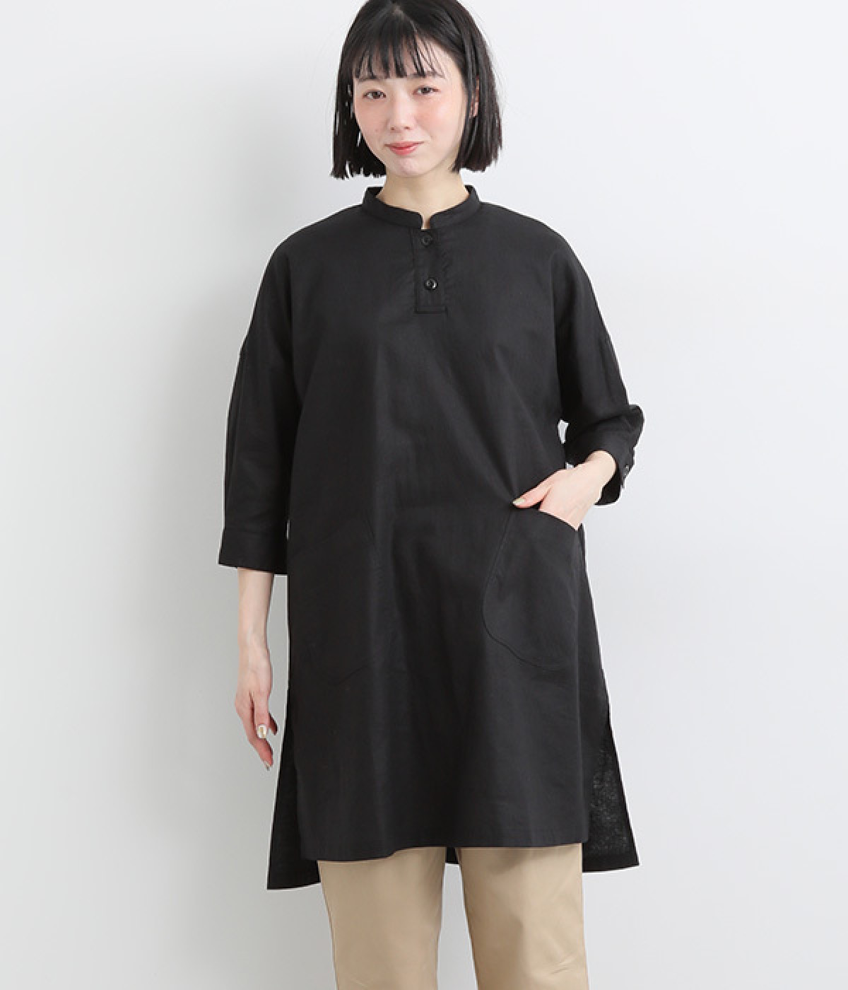 コットンリネンレーヨン　8分袖アトリエプルオーバー(ブラック-ONESIZE)