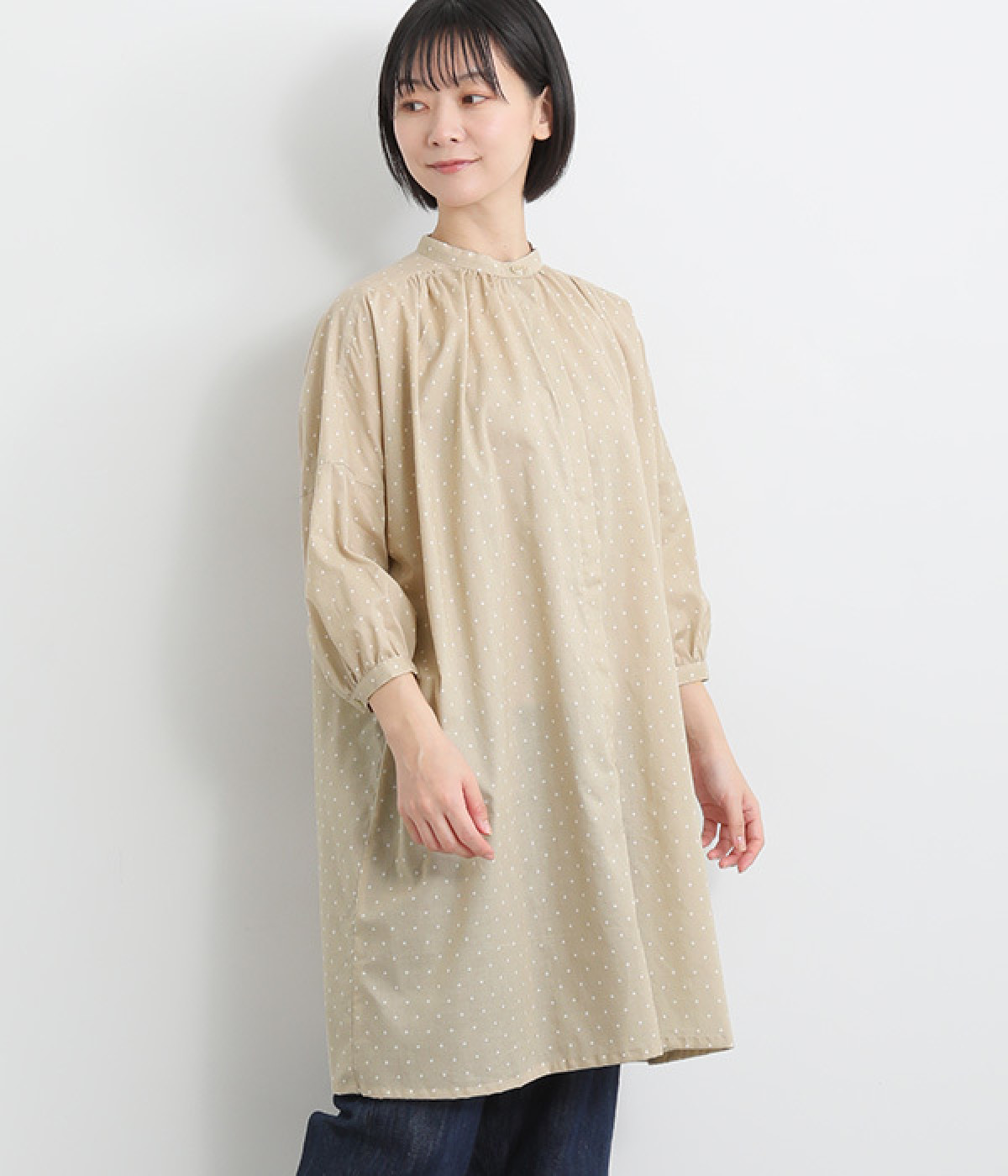 コットンローンドットプリント　比翼ロングブラウス(ベージュ-ONESIZE)
