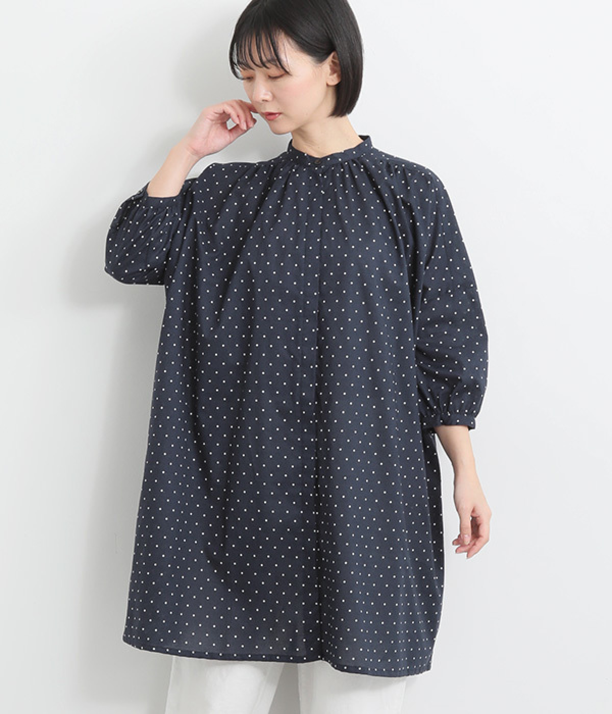 コットンローンドットプリント　比翼ロングブラウス(ネイビー-ONESIZE)