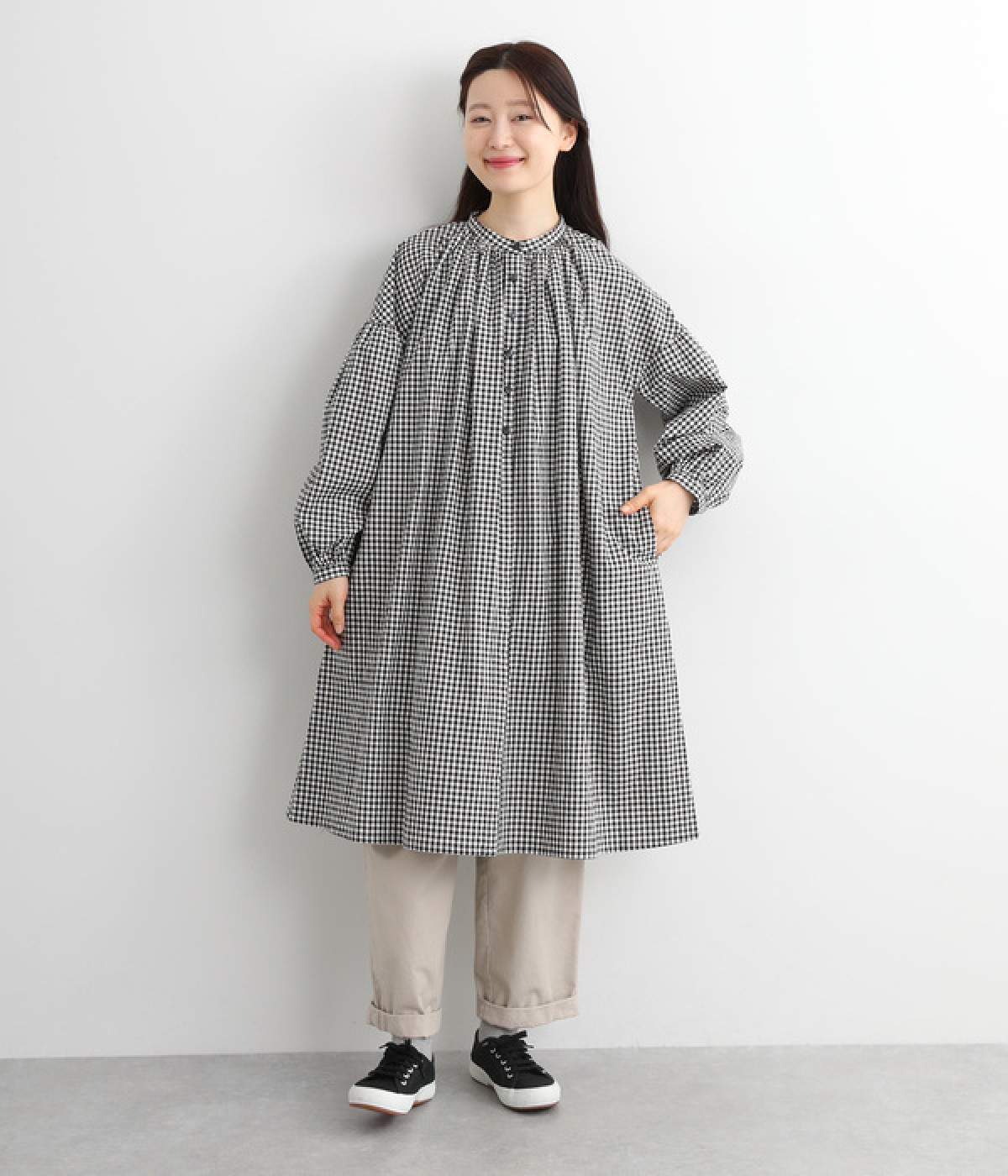 コットン　ギャザーチュニックワンピース(ギンガム-ONESIZE)