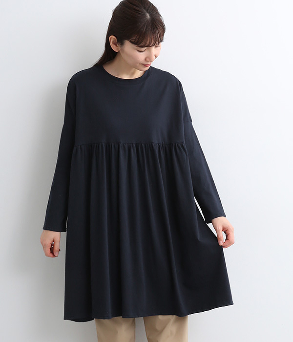 コットンベーシック天竺　切替ギャザーチュニック(ネイビー-ONESIZE)