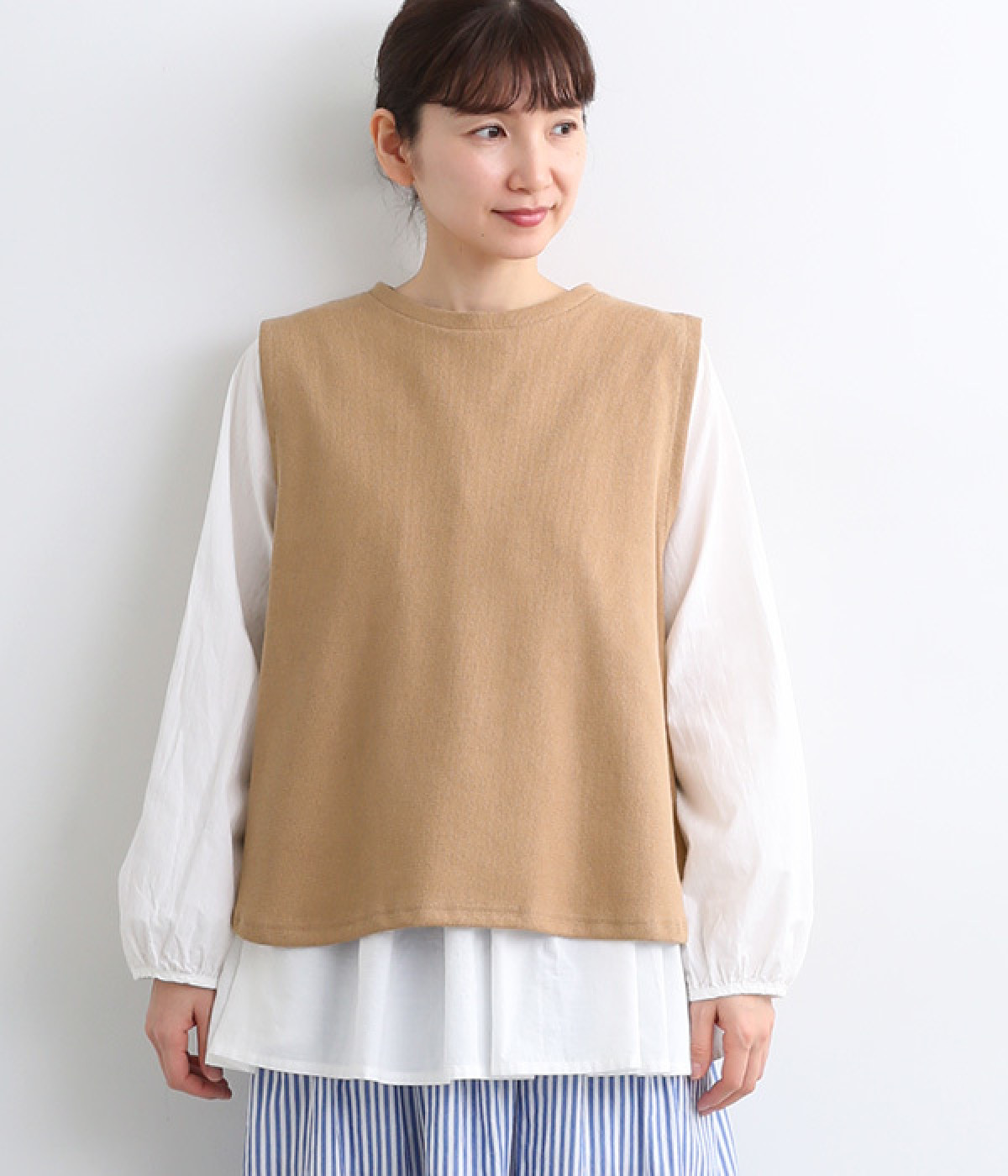 コットンダブルフェイスニット　ベスト(ベージュ-ONESIZE)