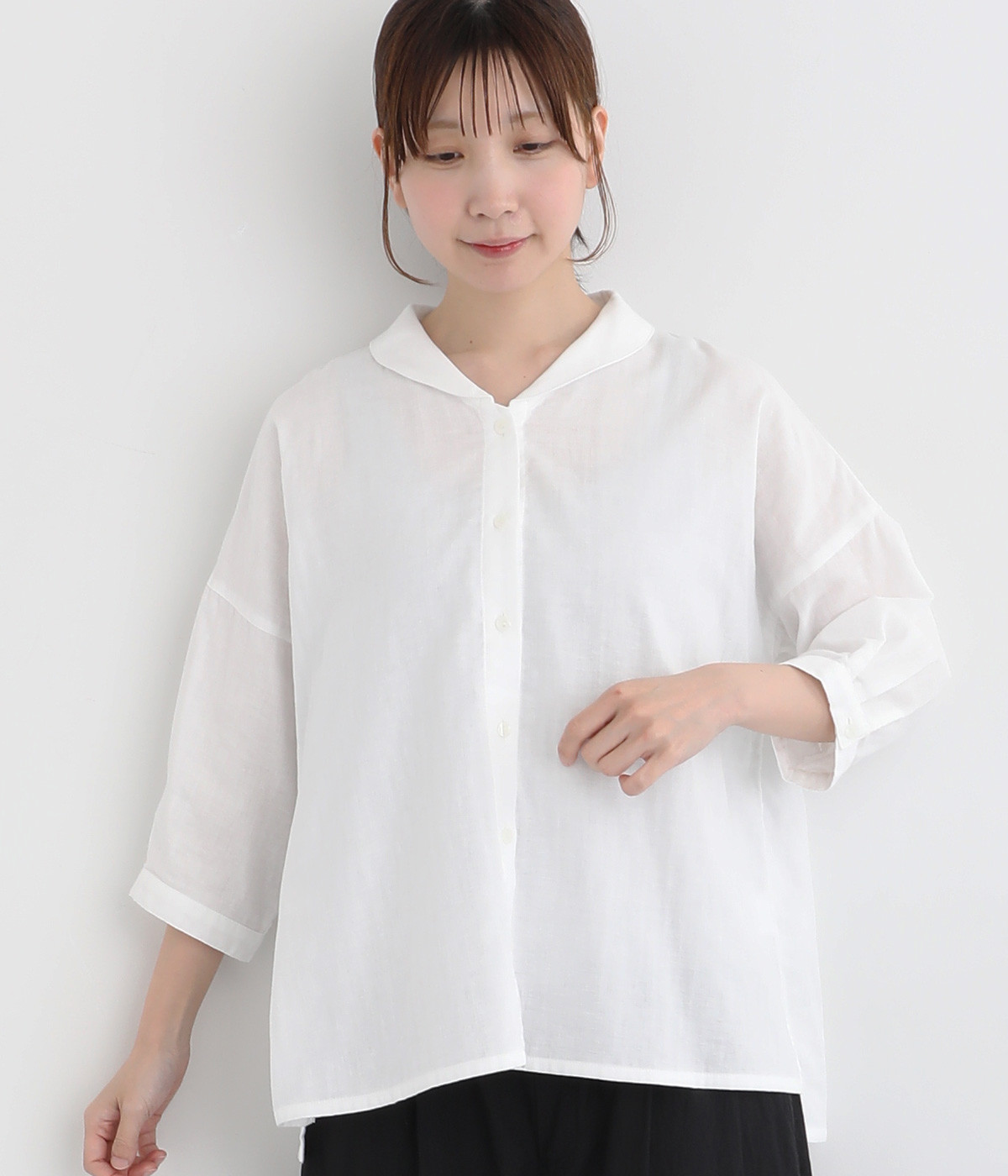 コットンダブルガーゼ　ショールカラーブラウス(ホワイト-ONESIZE)