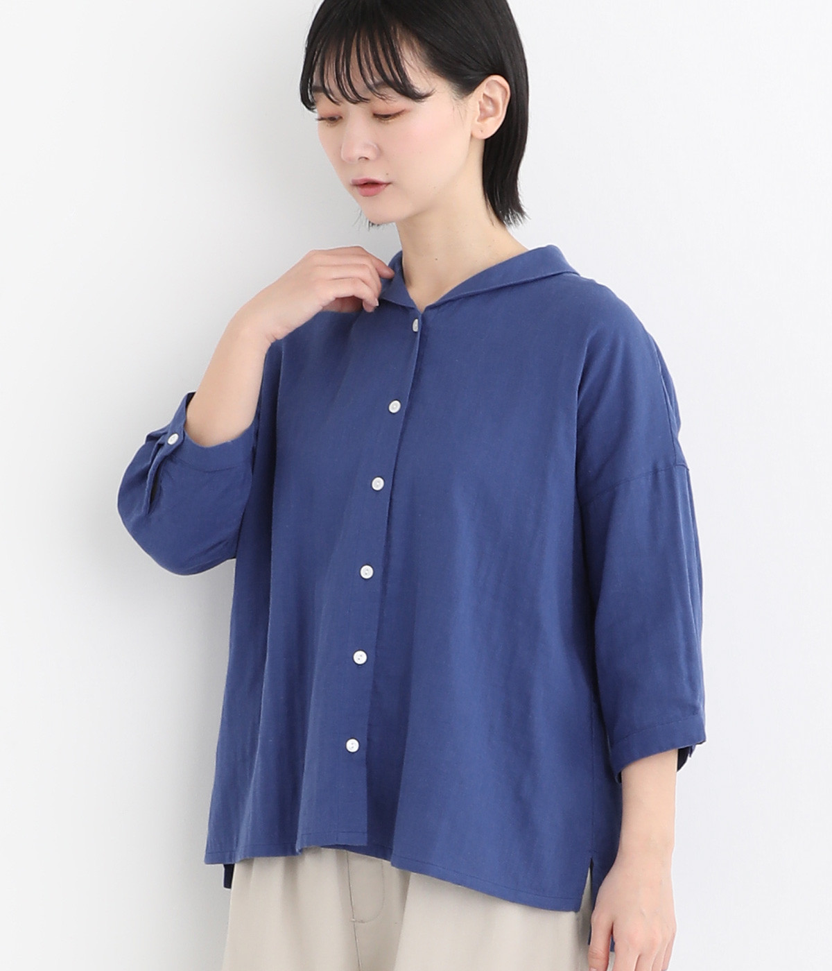 コットンダブルガーゼ　ショールカラーブラウス(ブルー-ONESIZE)