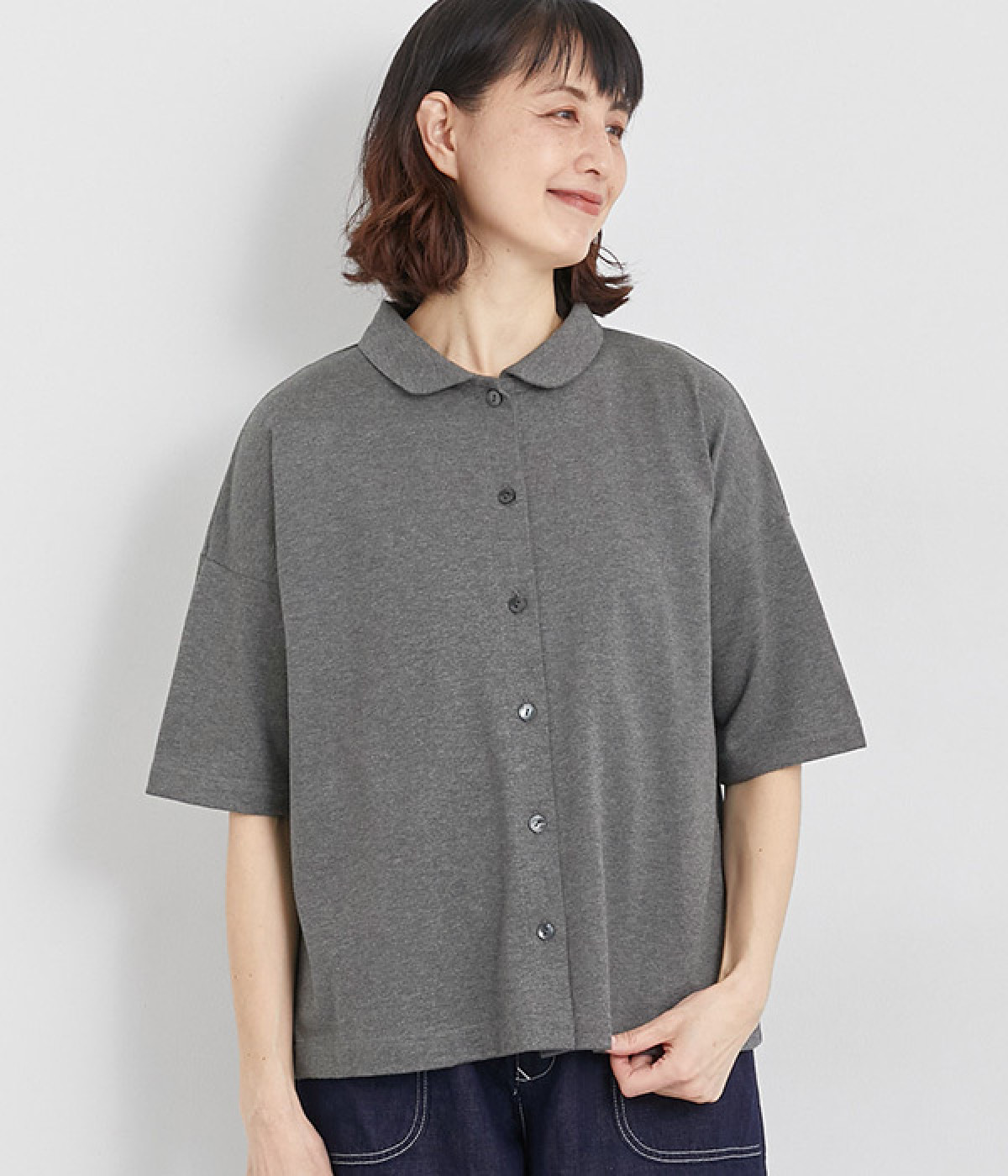 TOP天竺　ラウンドカラーシャツ(チャコールグレー-ONESIZE)