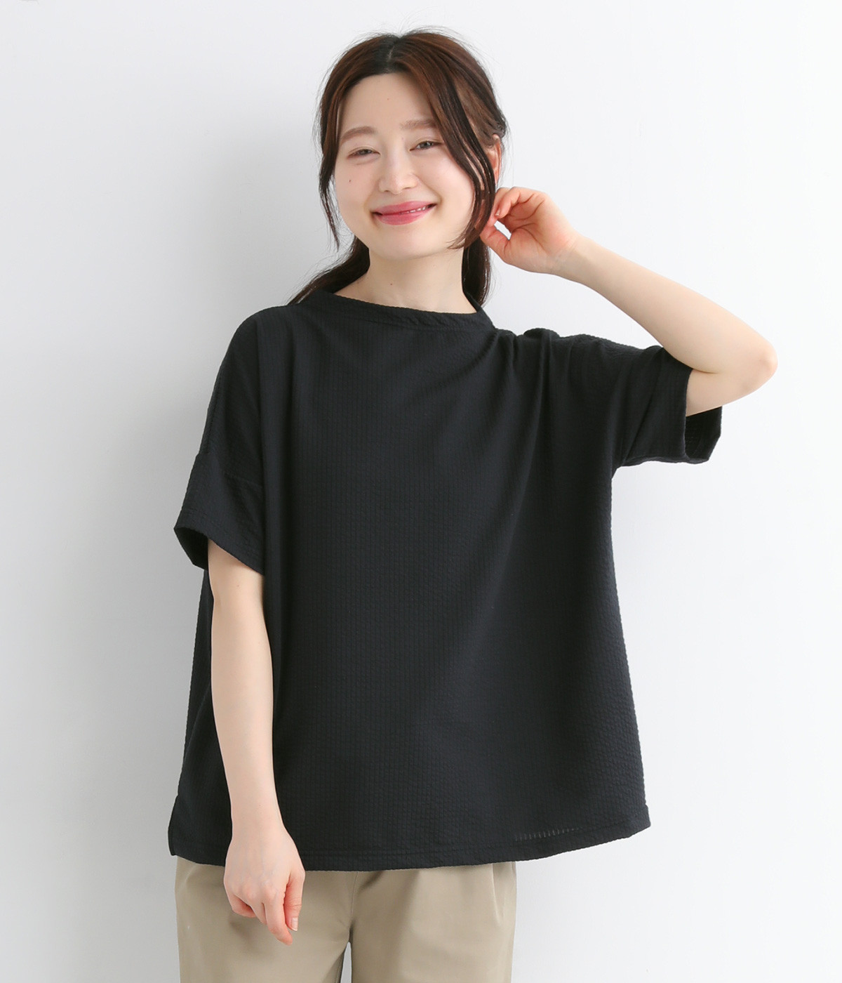 ストライプサッカーニット　ボトルネックプルオーバーブラウス(ネイビー-ONESIZE)