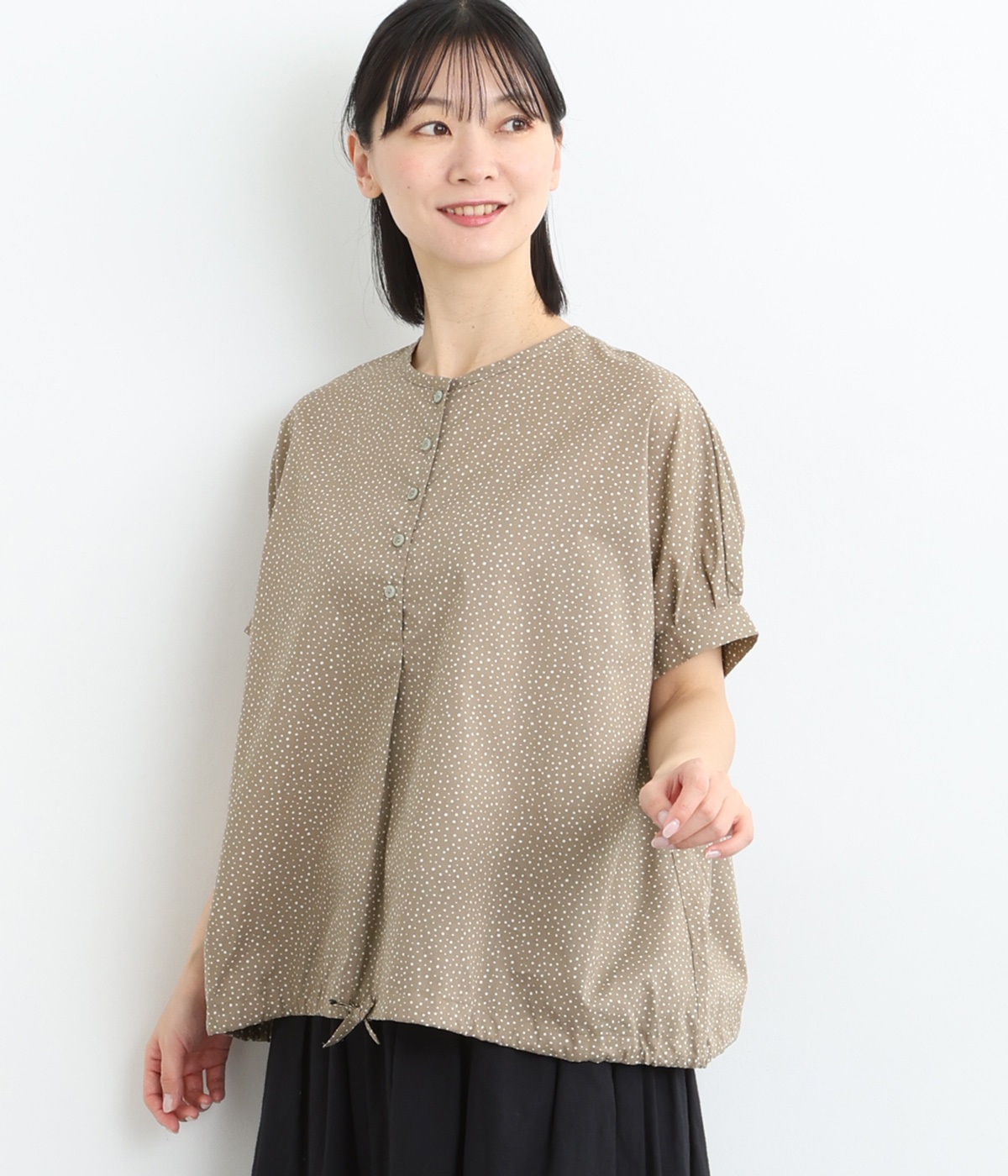 ローンランダムドットプリント ドローストリングプルオーバー(グレージュ-ONESIZE)
