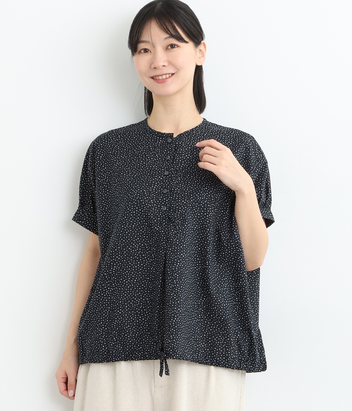 ローンランダムドットプリント ドローストリングプルオーバー(ネイビー-ONESIZE)