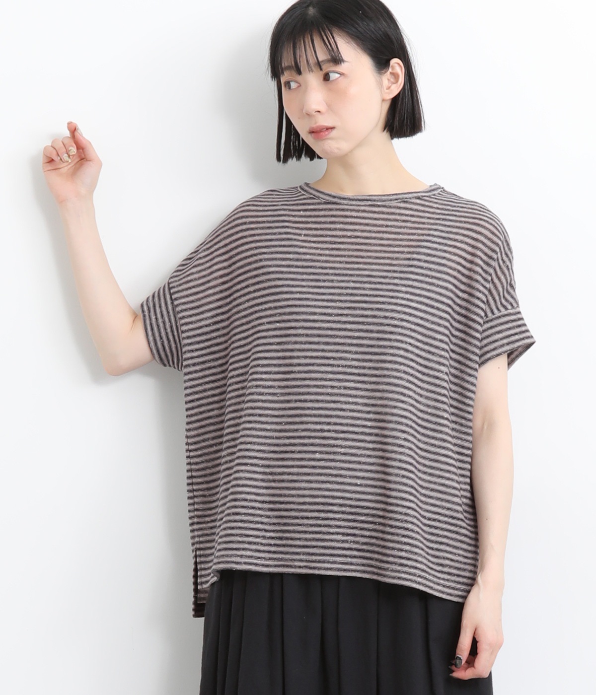 リネンコットンボーダー ワイドプルオーバー(ベージュ/ブラック-ONESIZE)