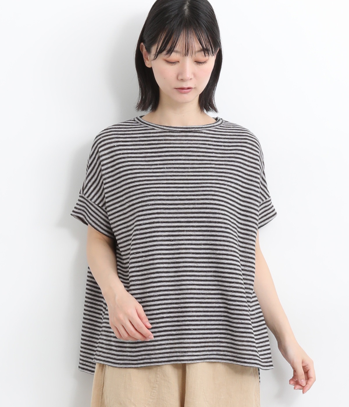 リネンコットンボーダー ワイドプルオーバー(オフ/ブラック-ONESIZE)