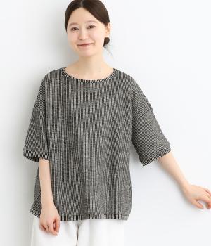 リネンコットンニット　ハーフスリーブプルオーバー(ブラック-ONESIZE)