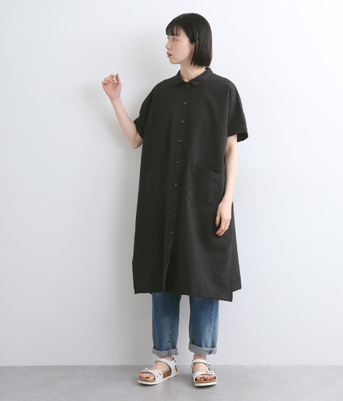 ダークストライプサッカー ワイドシャツワンピース(ブラック-ONESIZE)
