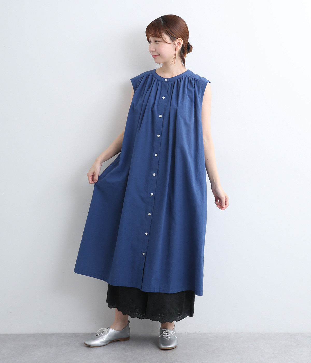 ふんわりローン　フレンチスリーブワンピース(ブルー-ONESIZE)