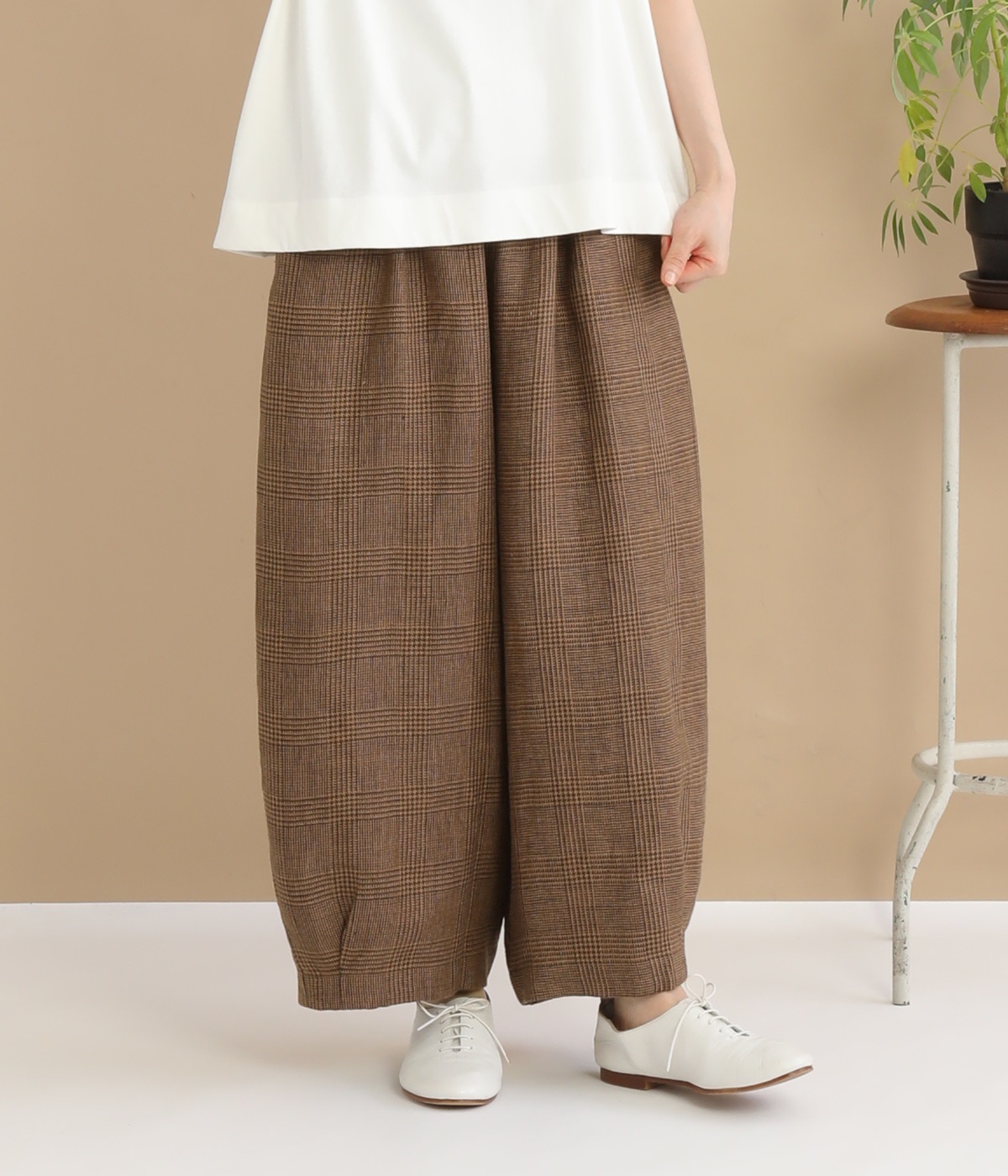 リネン太番手チェックワイドパンツ(グレンチェック-ONESIZE)