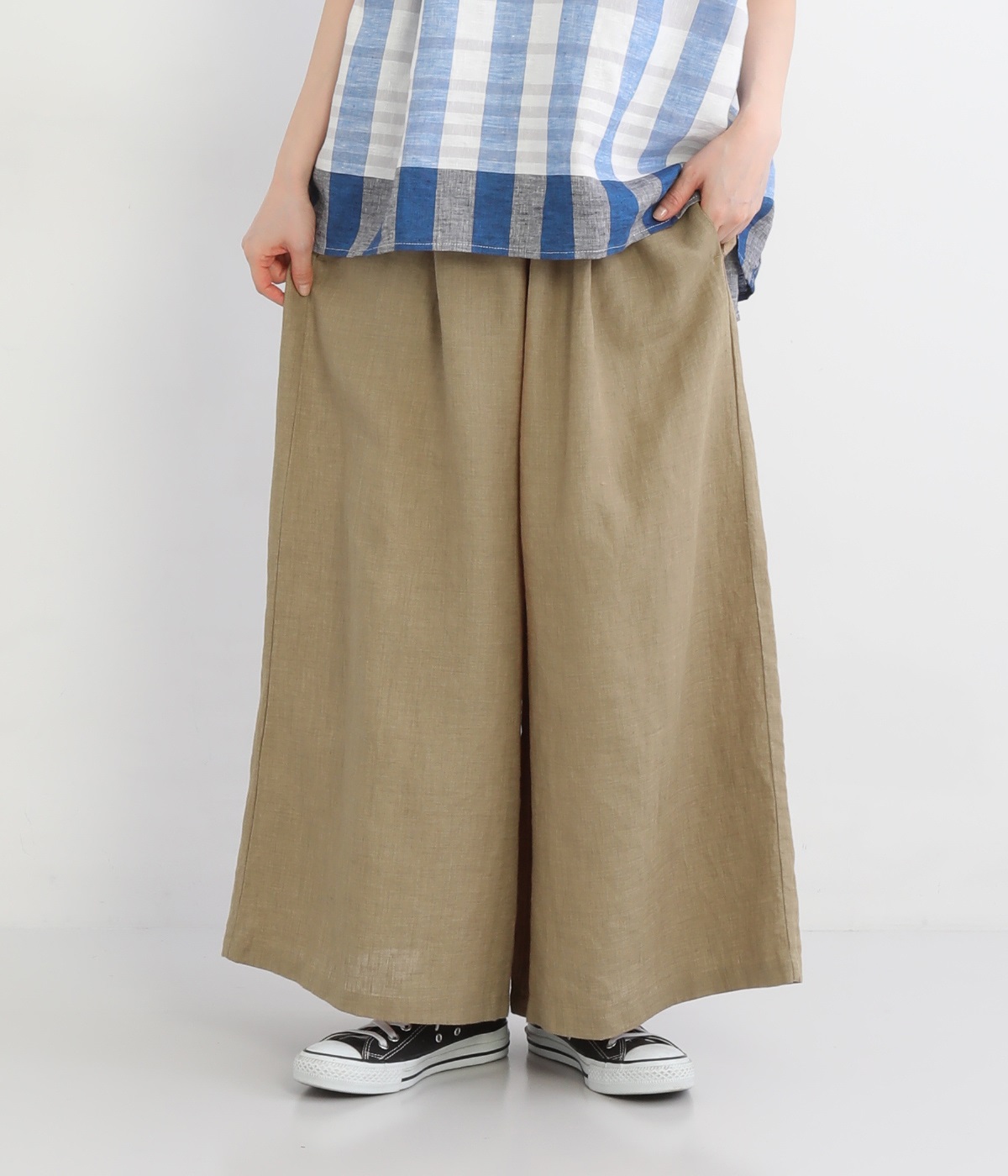 リネン平織り無地ワイドパンツ(ベージュ-ONESIZE)