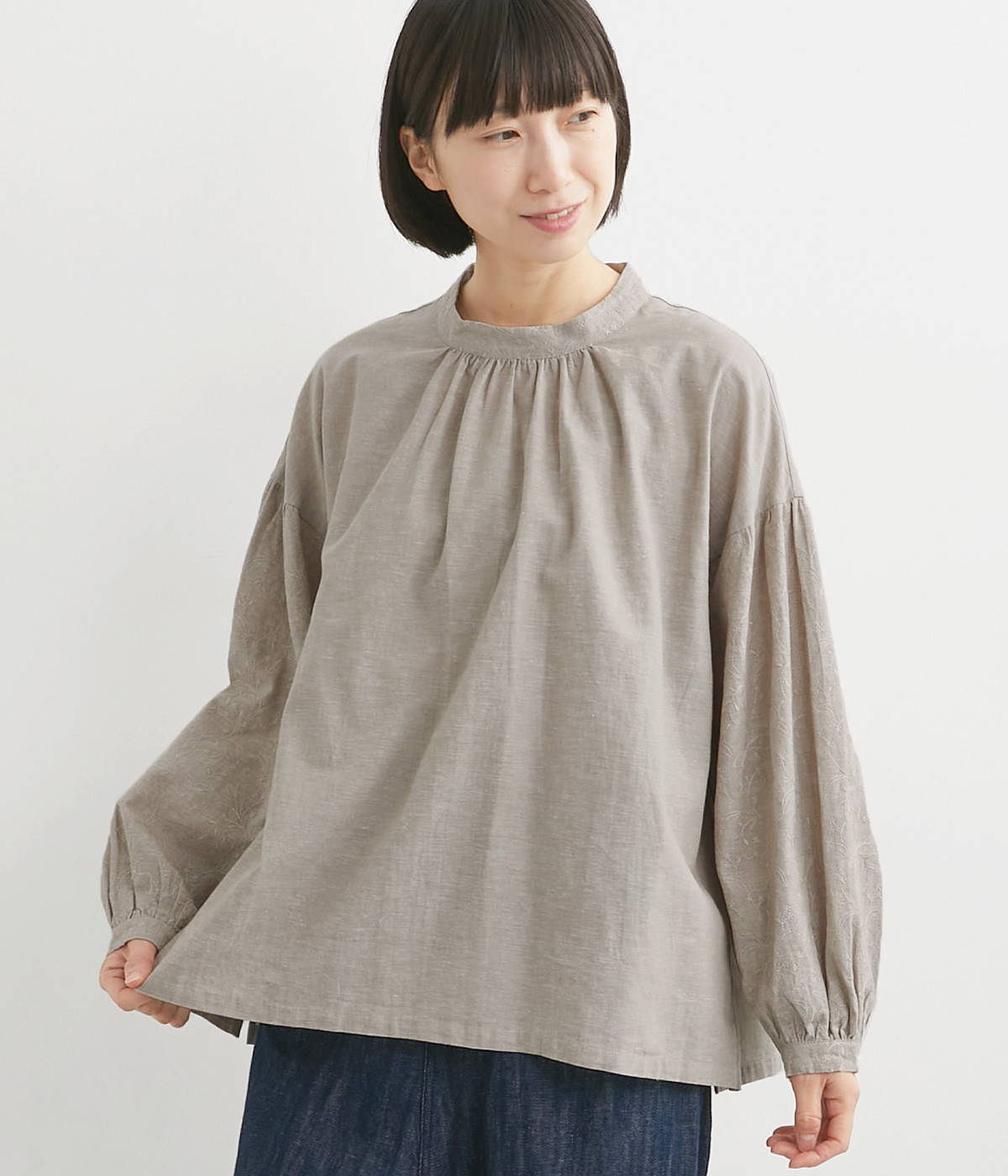 コットンリネン刺繍ブラウス(ベージュ-ONESIZE)