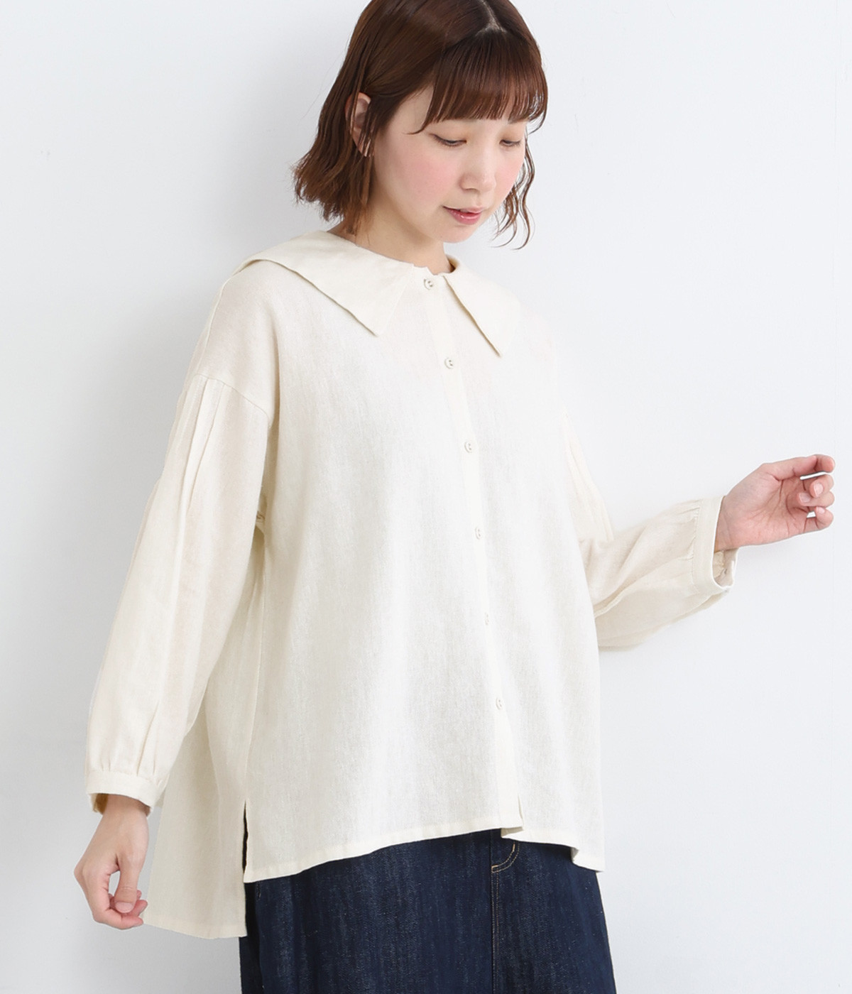 コットンリネンセーラーカラーブラウス(ホワイト-ONESIZE)