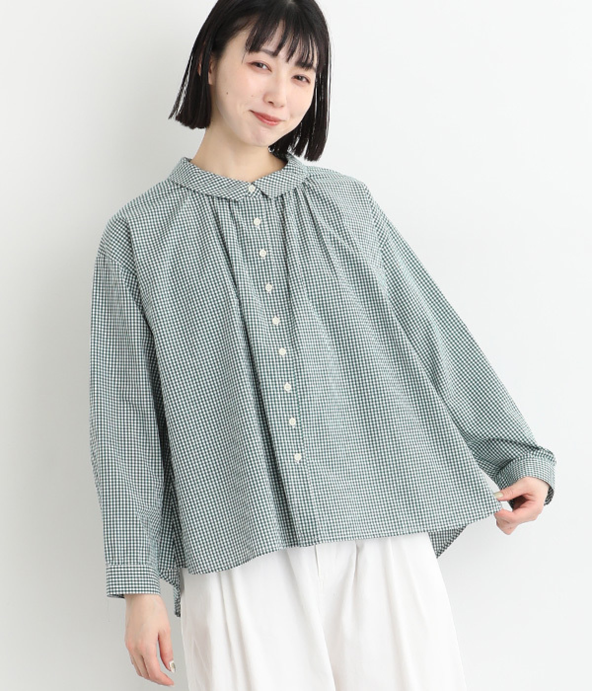 コットンブロードギンガムチェックブラウス(グリーン-ONESIZE)