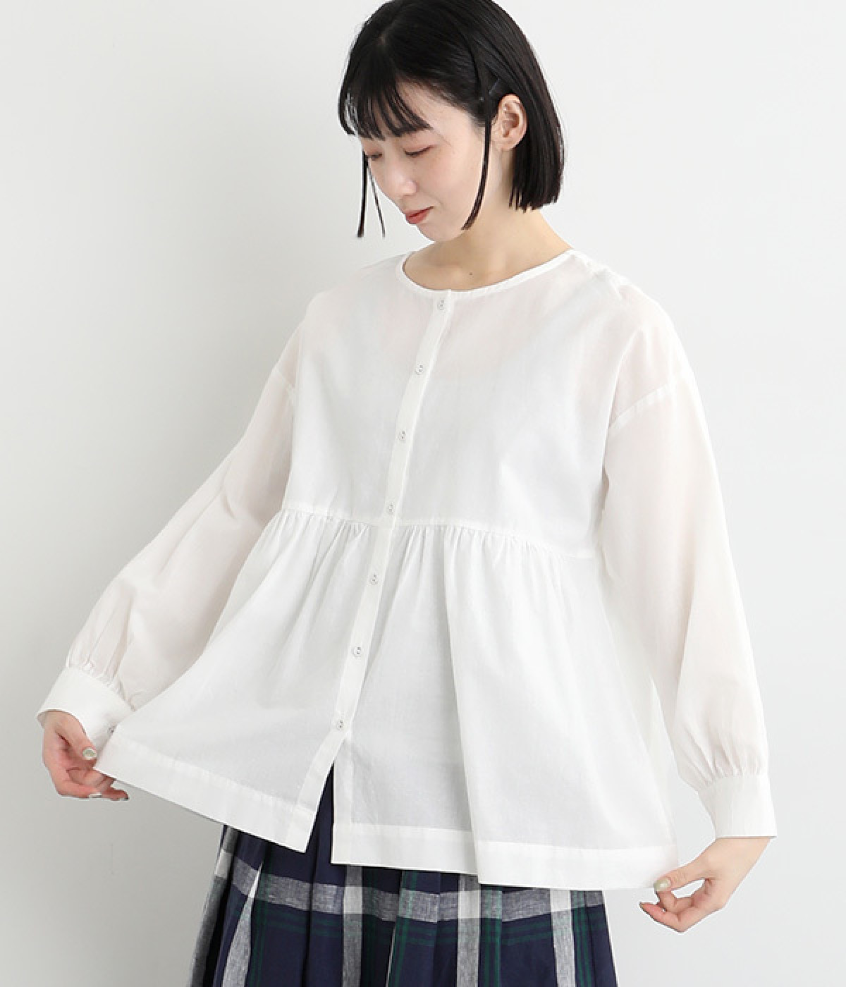 コットンリネンタック2wayブラウス(ホワイト-ONESIZE)