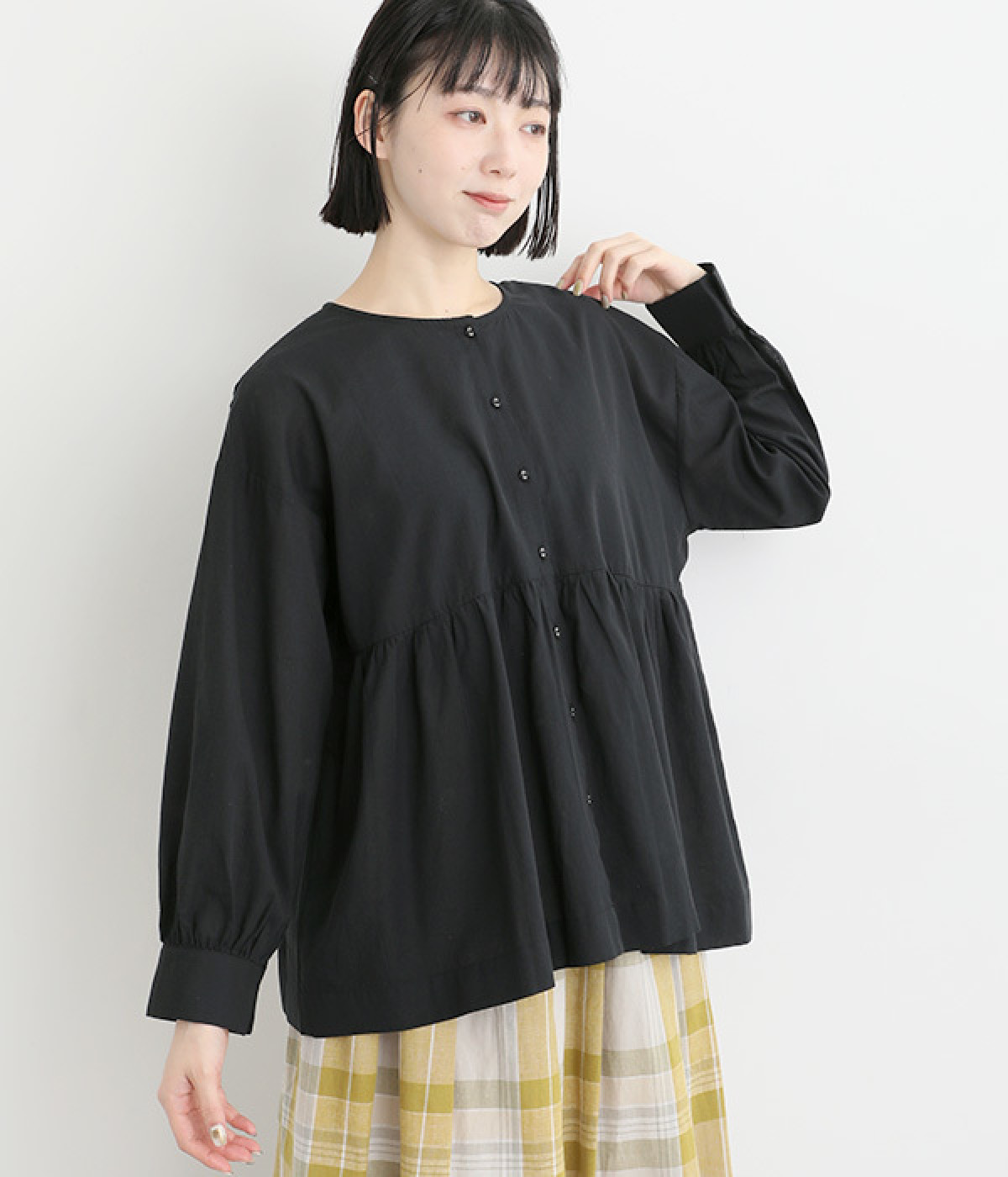 コットンリネンタック2wayブラウス(ブラック-ONESIZE)