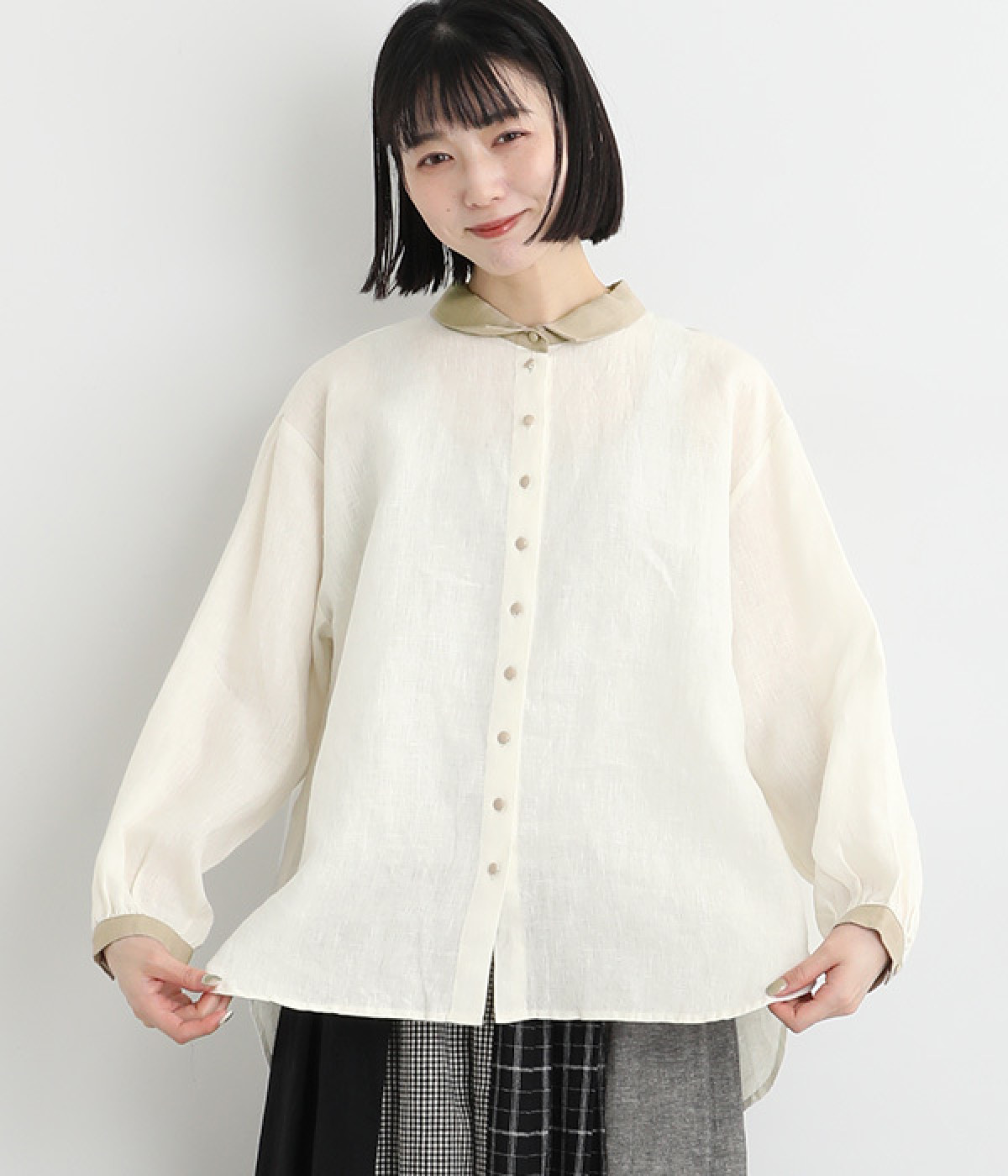 リネン配色ロングシャツ(ホワイト-ONESIZE)