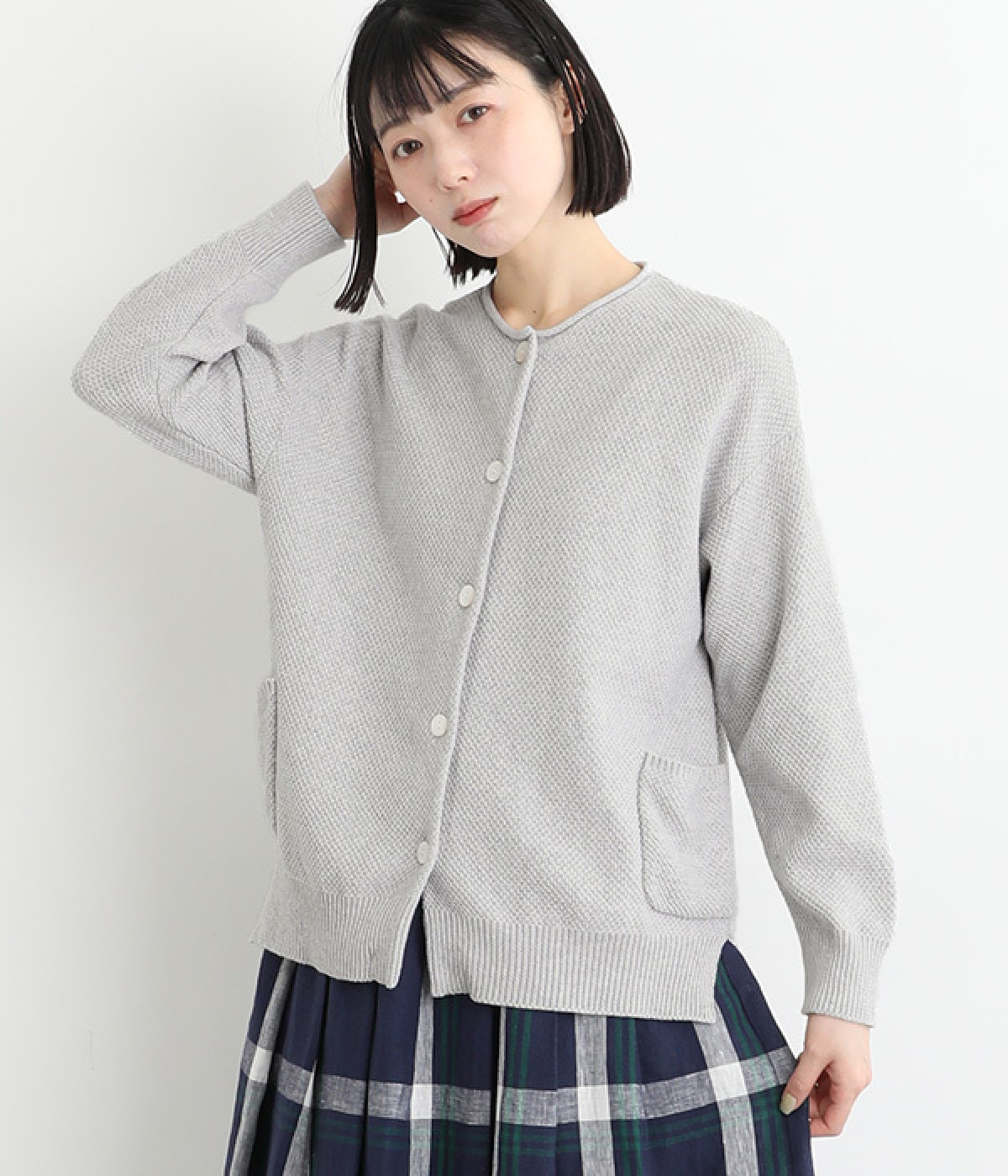 コットンニット鹿の子編みカーディガン(ライトグレー-ONESIZE)