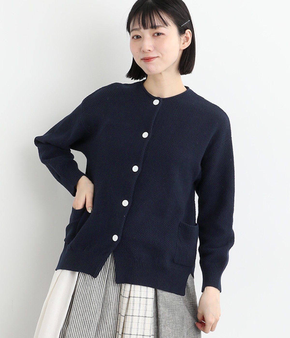 コットンニット鹿の子編みカーディガン(ネイビー-ONESIZE)
