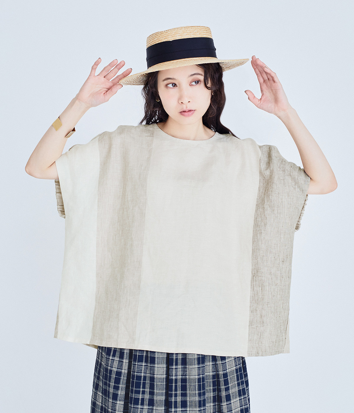 リネンパネルストライプ袖口ギャザーブラウス(ベージュ-ONESIZE)