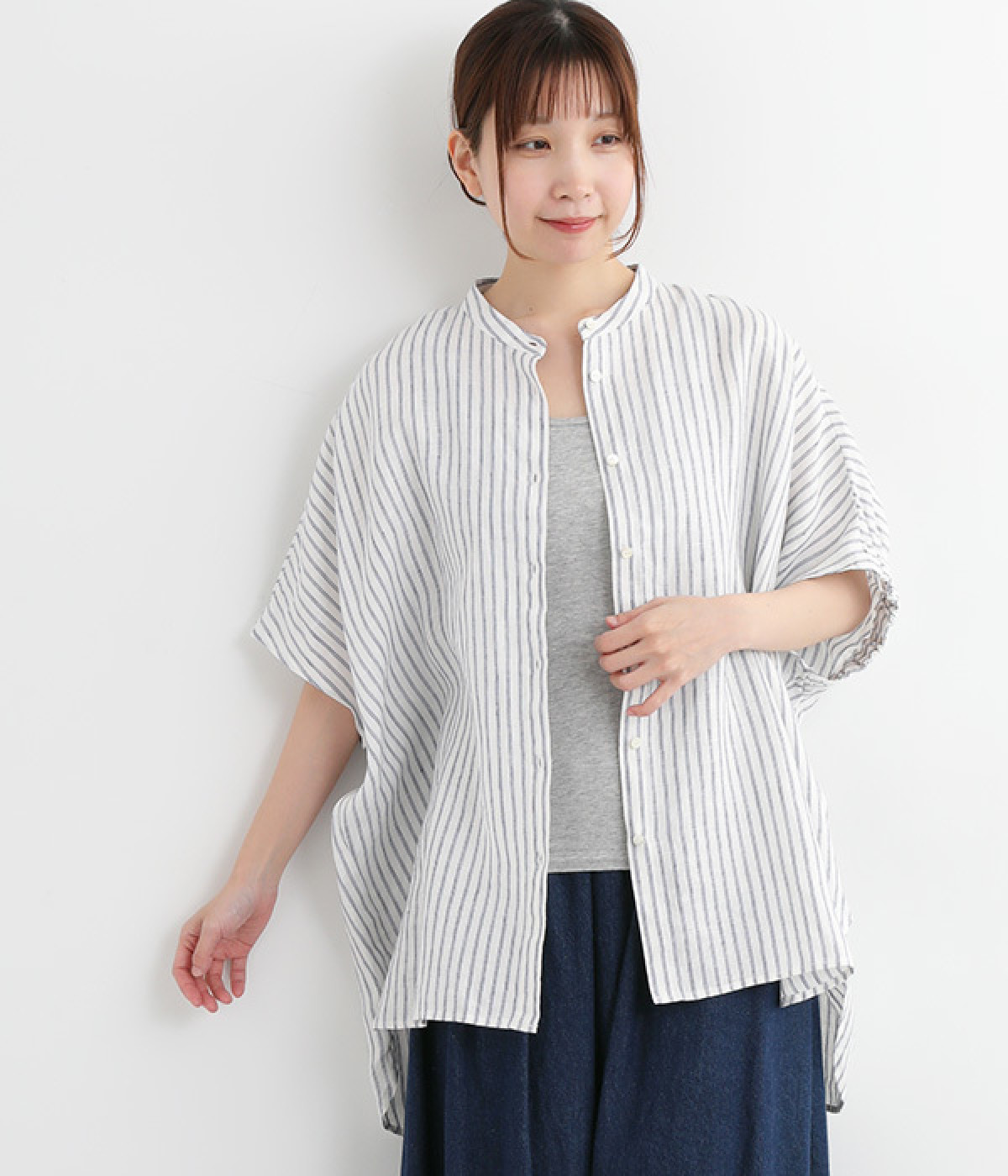 リネン平織りストライプハオリロングブラウス(ホワイト-ONESIZE)